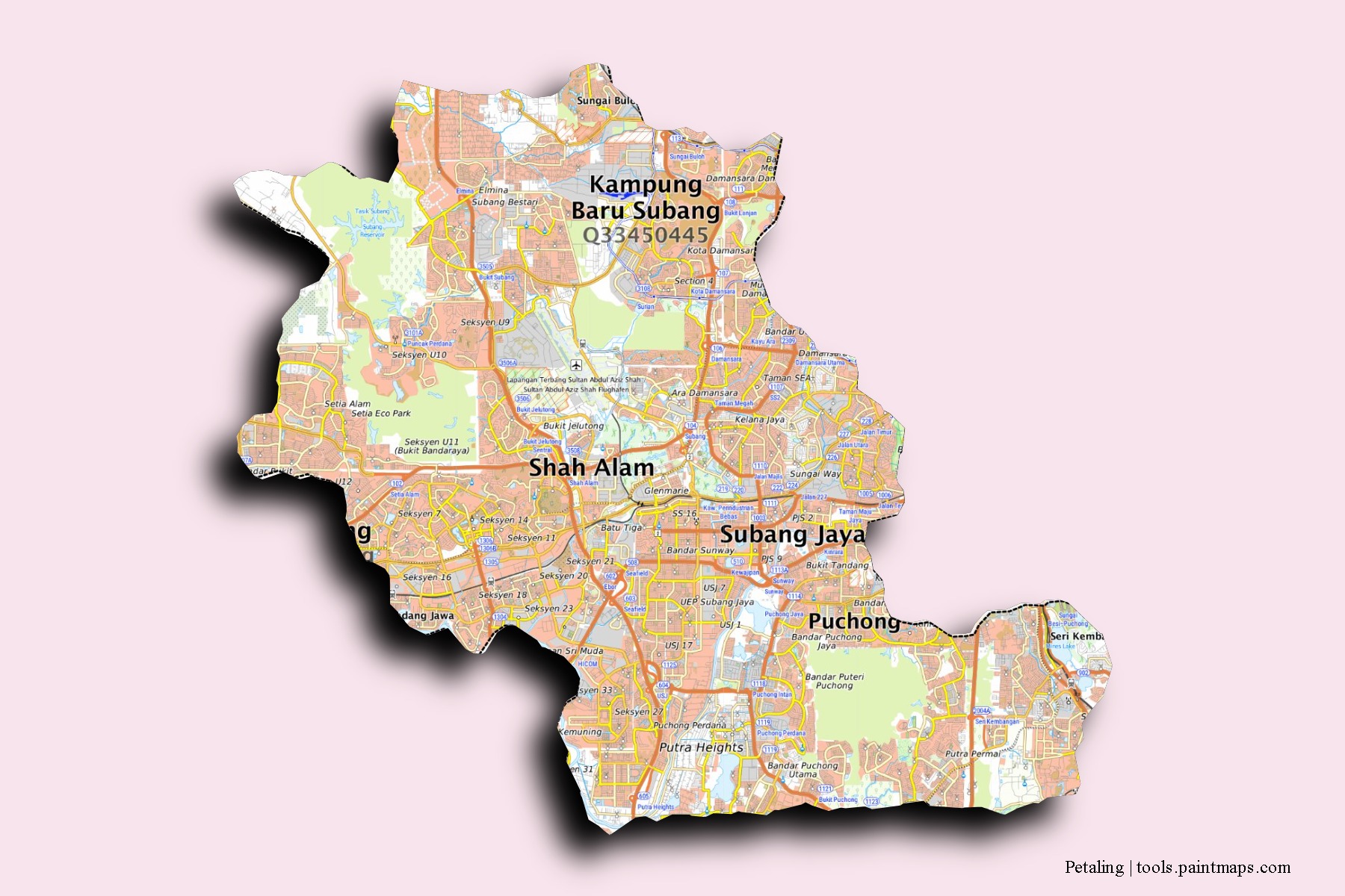 3D gölge efektli Petaling mahalleleri ve köyleri haritası