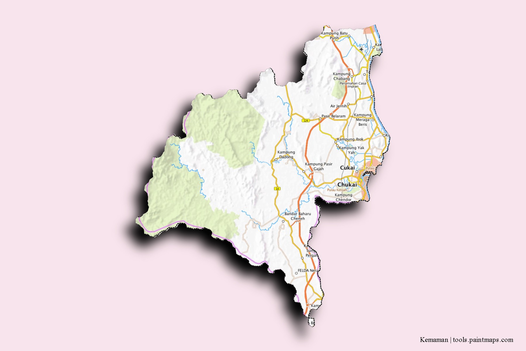 Mapa de barrios y pueblos de Kemaman con efecto de sombra 3D