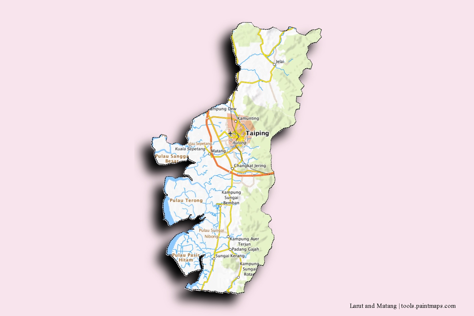 Mapa de barrios y pueblos de Larut and Matang con efecto de sombra 3D