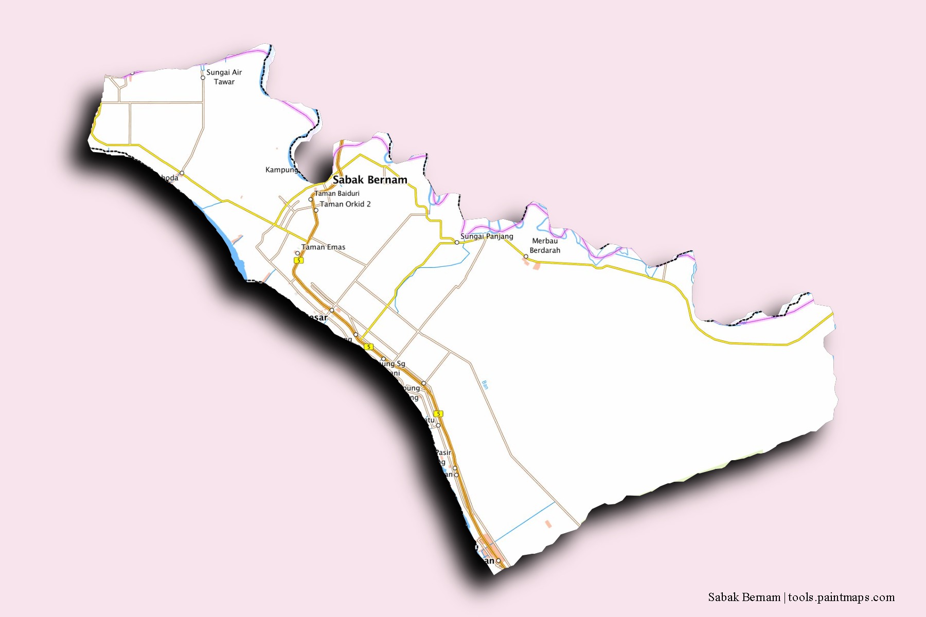 Mapa de barrios y pueblos de Sabak Bernam con efecto de sombra 3D