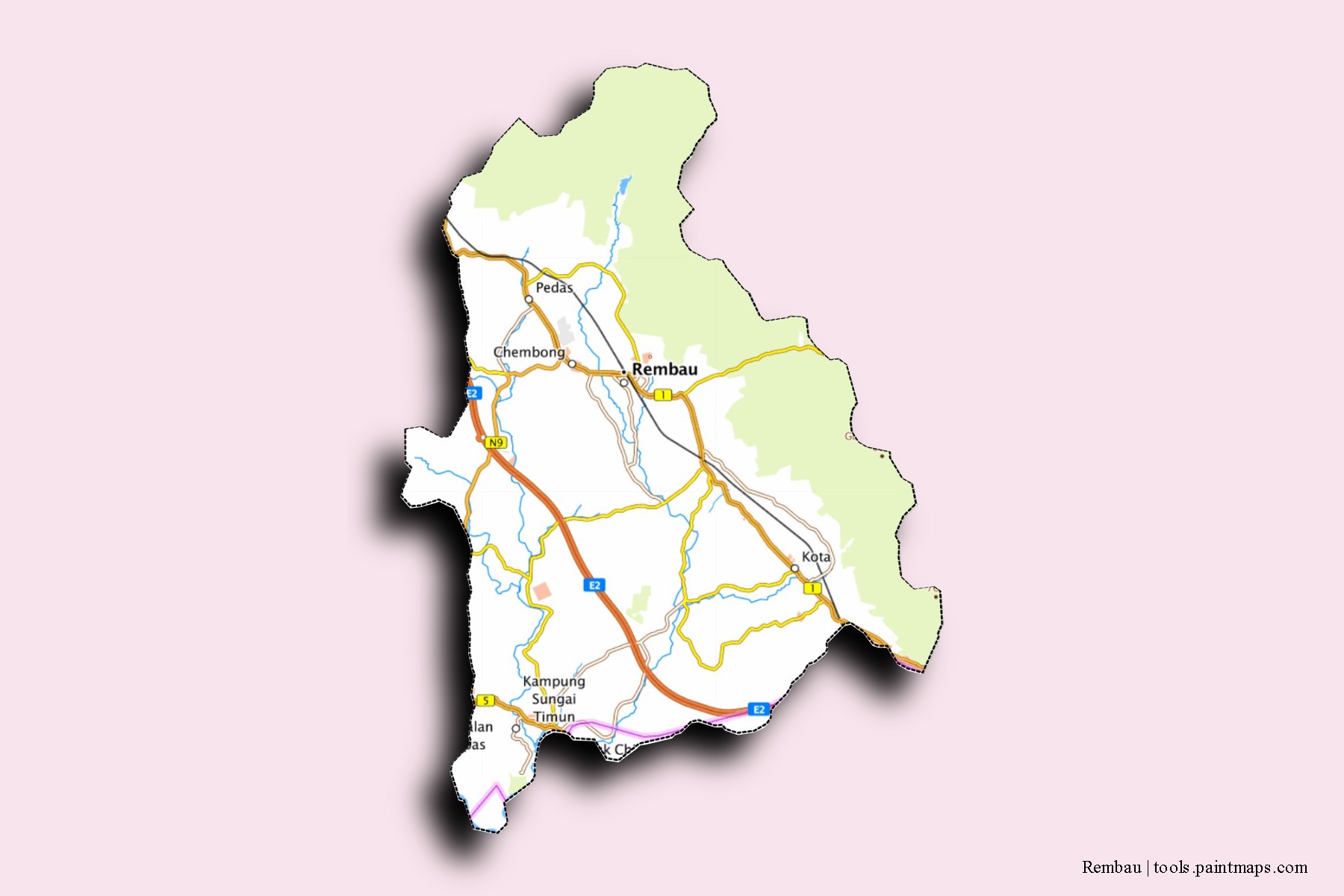 Mapa de barrios y pueblos de Rembau con efecto de sombra 3D