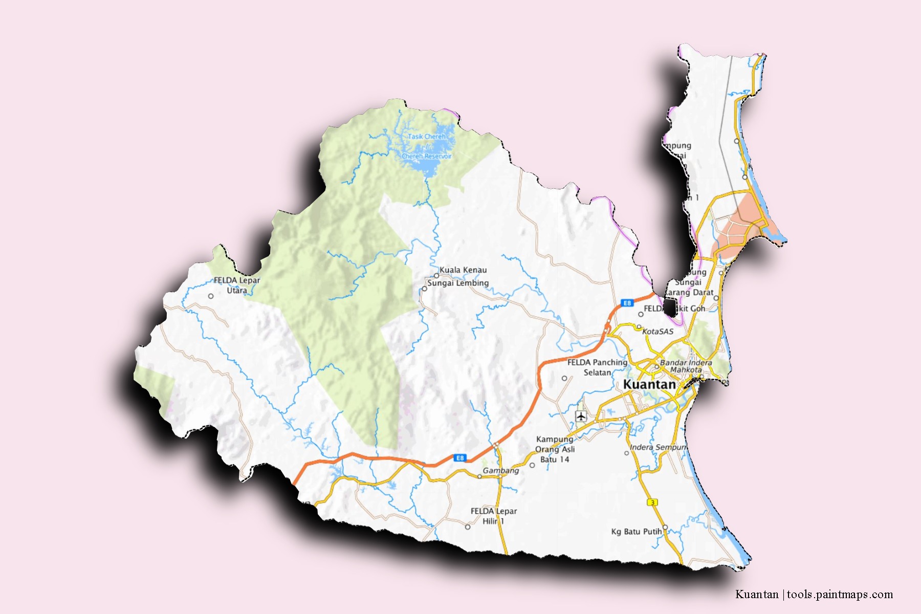 3D gölge efektli Kuantan mahalleleri ve köyleri haritası