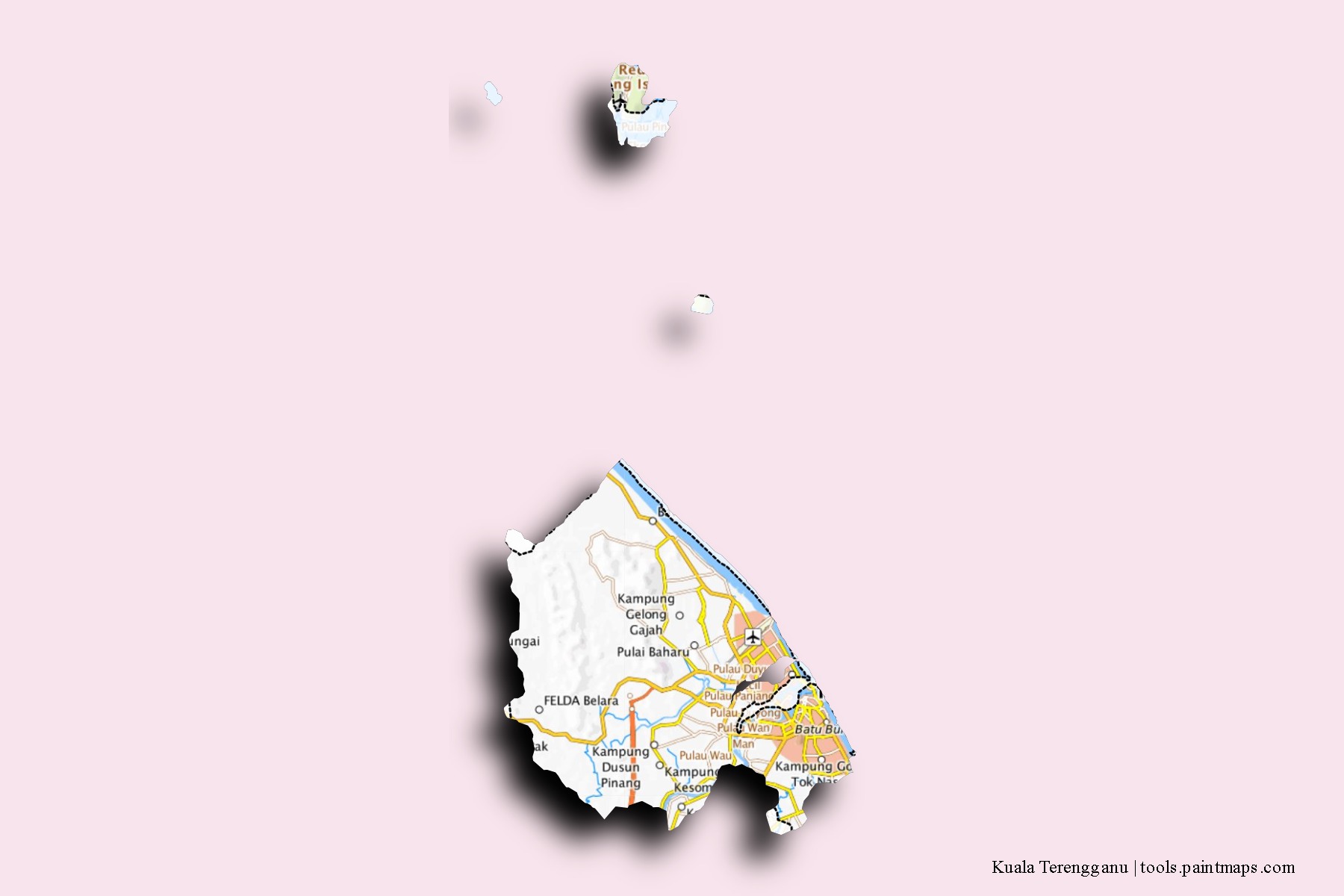 Kuala Terengganu neighborhoods and villages map with 3D shadow effect