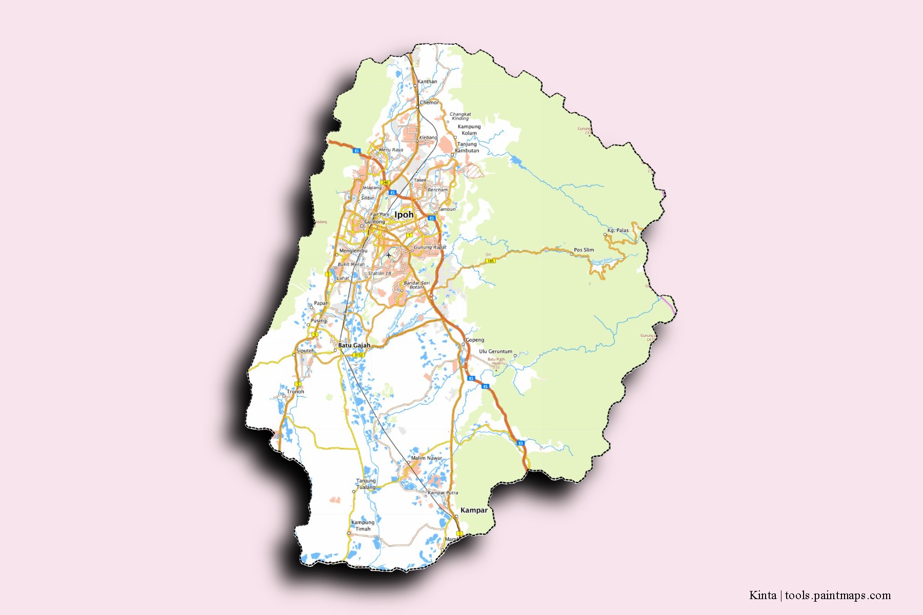 Mapa de barrios y pueblos de Kinta con efecto de sombra 3D