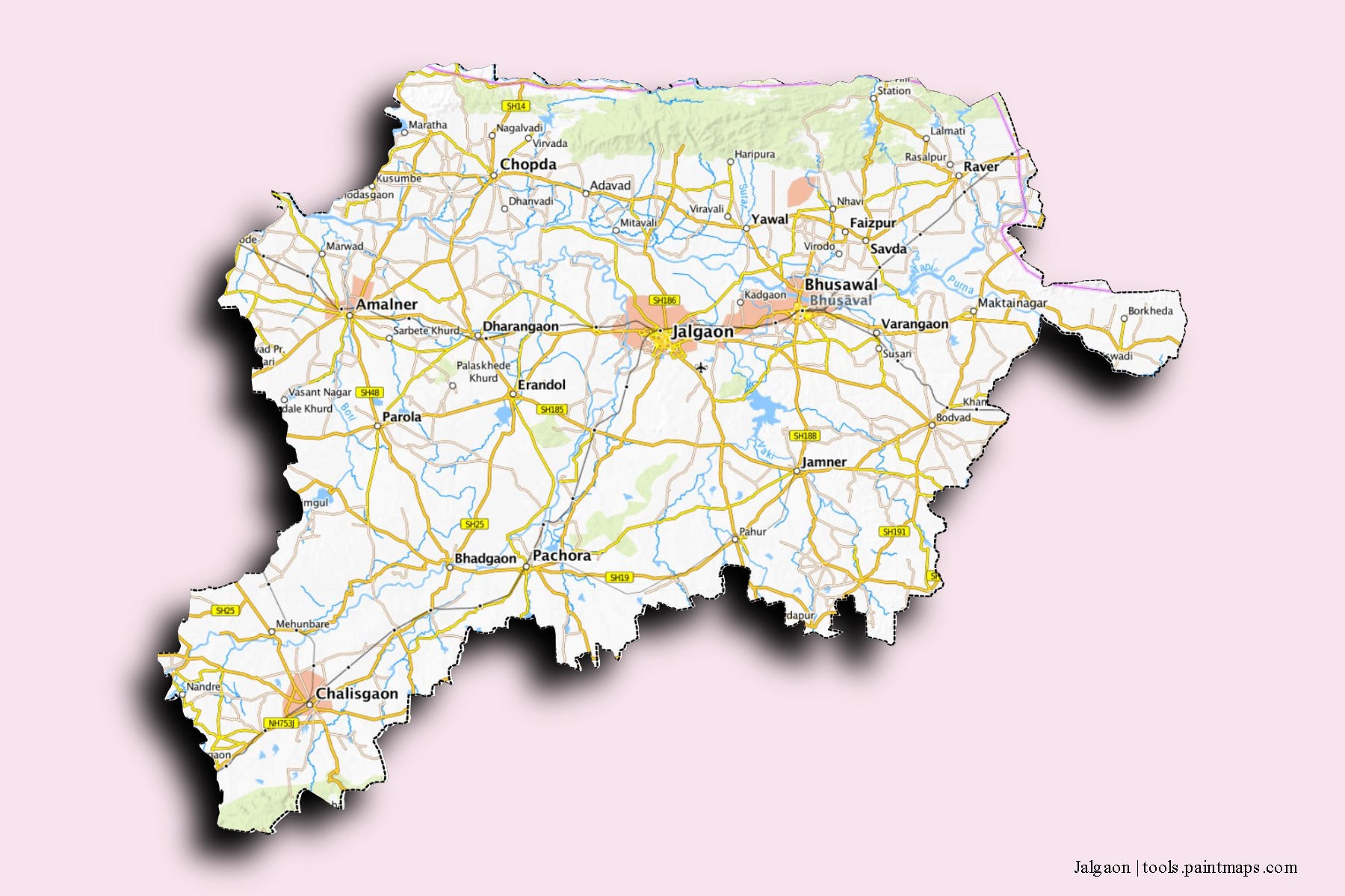 Mapa de barrios y pueblos de Jalgaon con efecto de sombra 3D