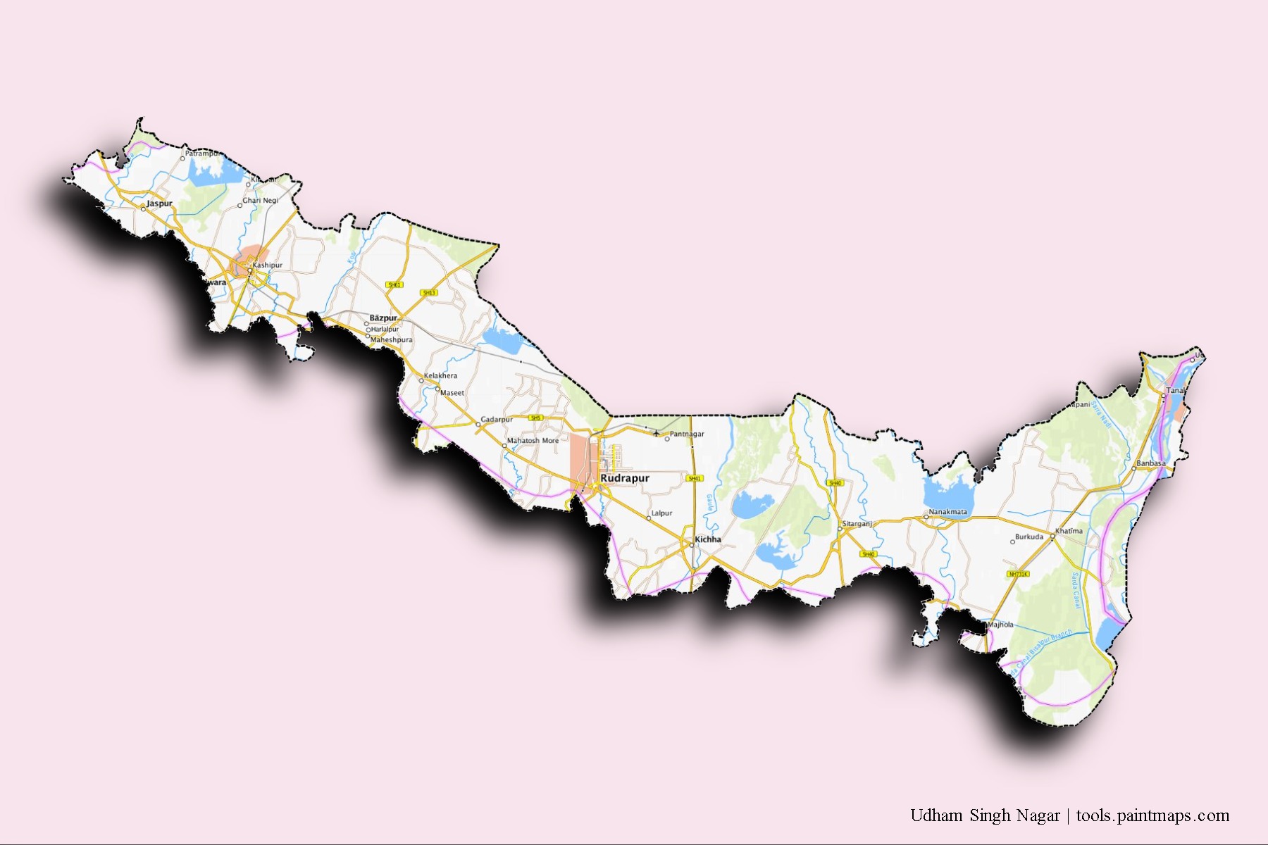 Udham Singh Nagar neighborhoods and villages map with 3D shadow effect