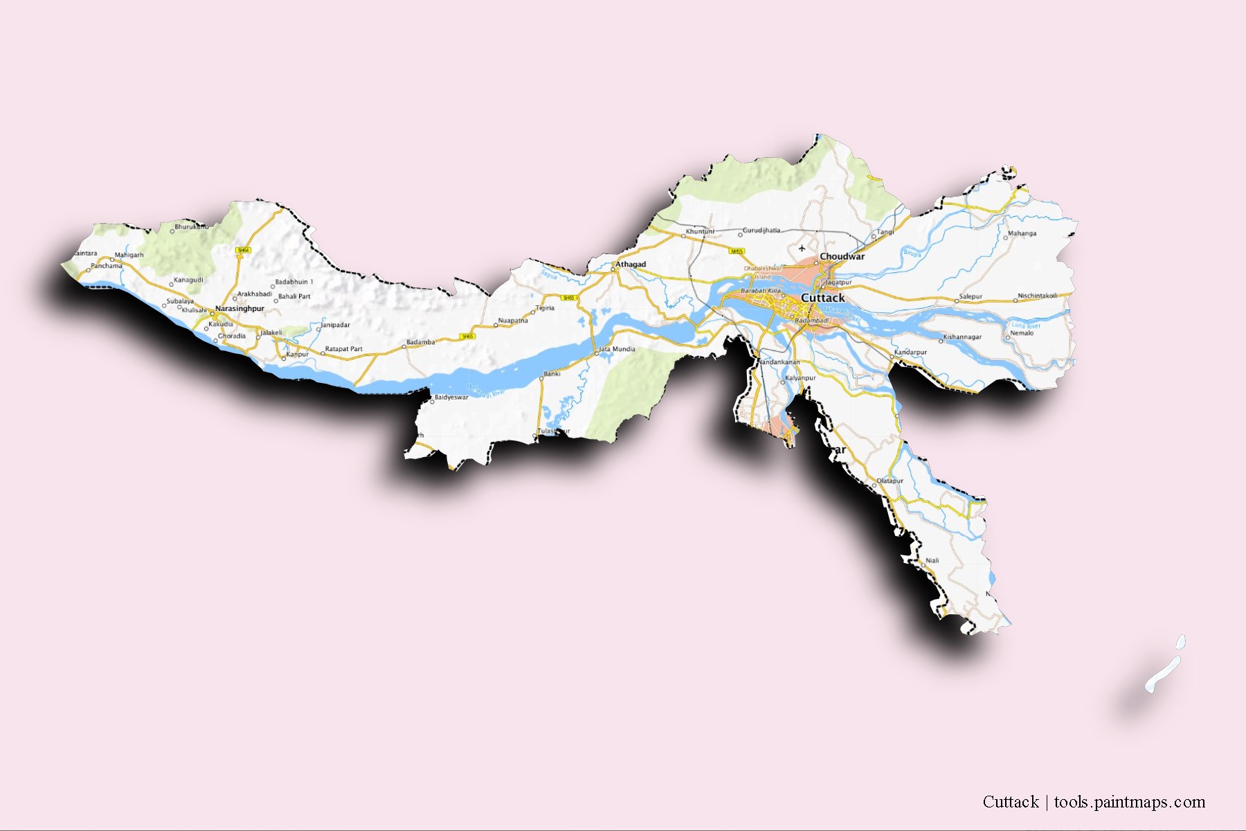 Mapa de barrios y pueblos de Cuttack con efecto de sombra 3D