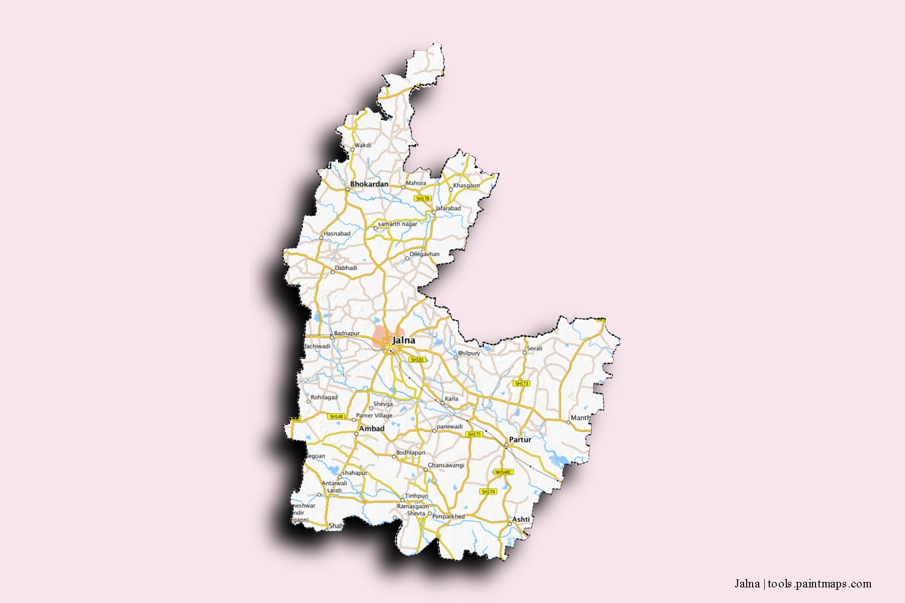 Mapa de barrios y pueblos de Jalna con efecto de sombra 3D