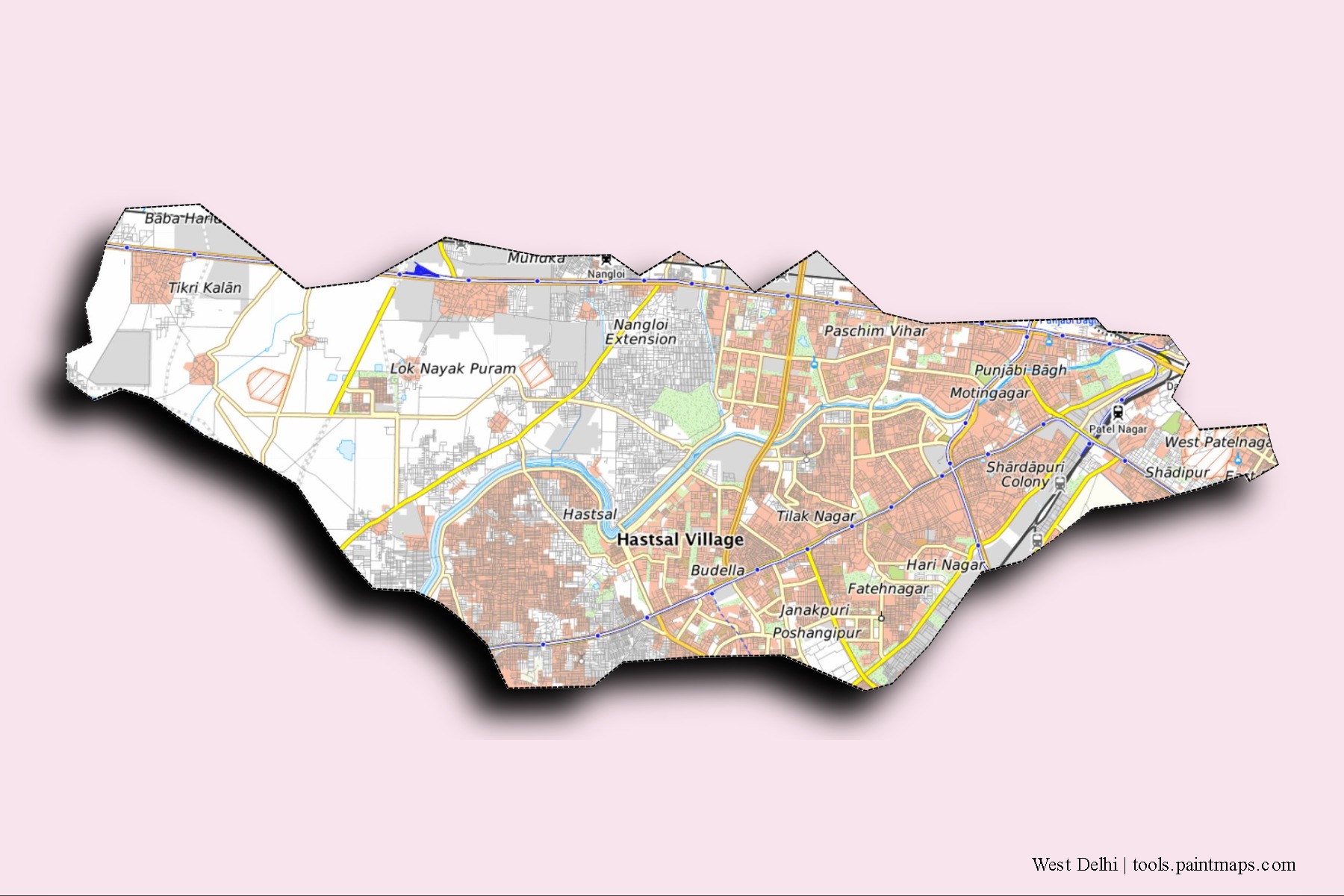 3D gölge efektli West Delhi mahalleleri ve köyleri haritası