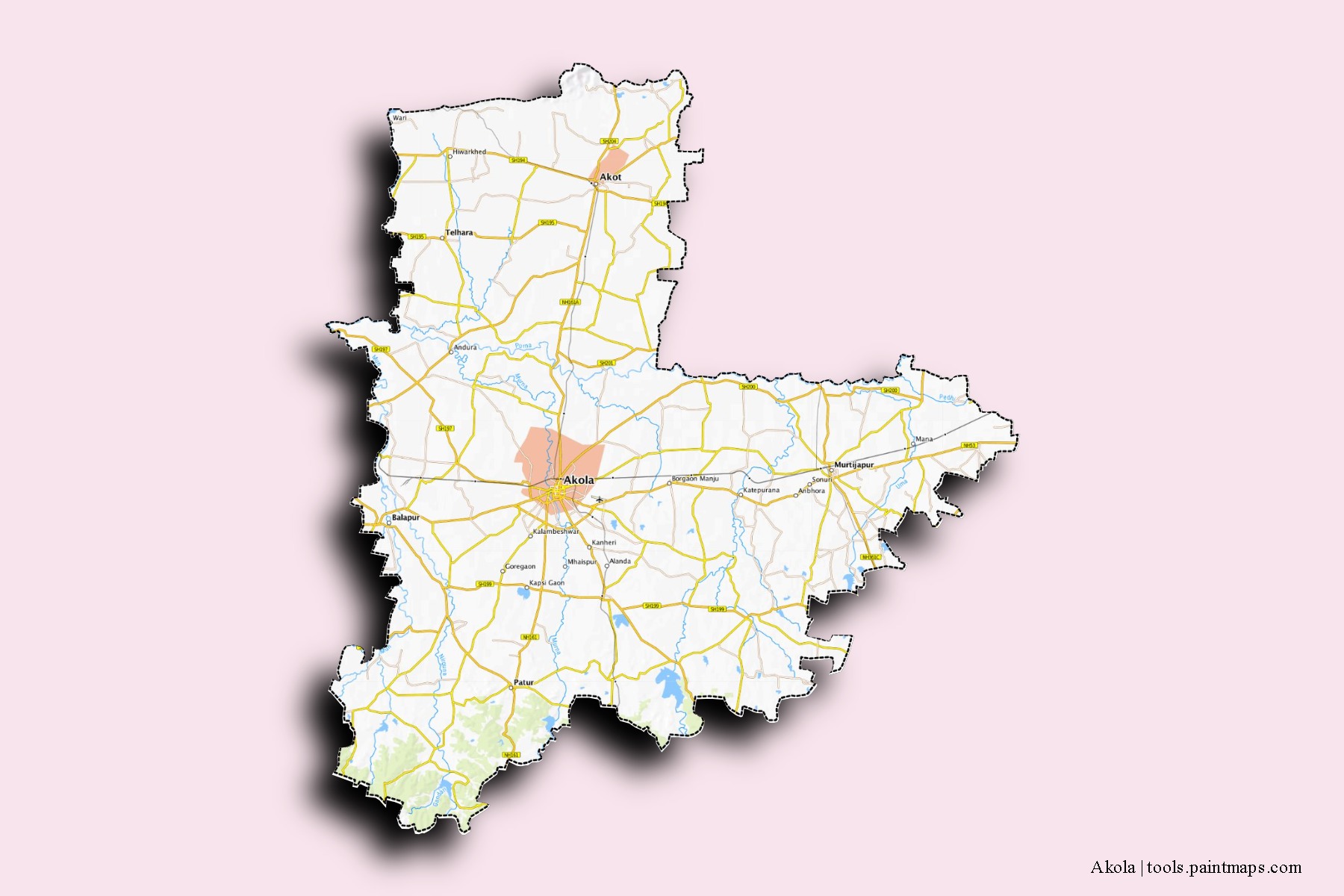 Mapa de barrios y pueblos de Akola con efecto de sombra 3D