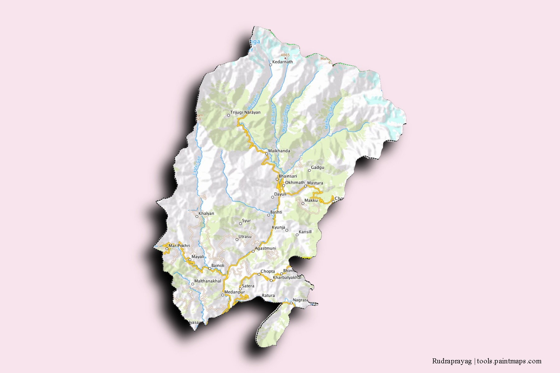 Mapa de barrios y pueblos de Rudraprayag con efecto de sombra 3D