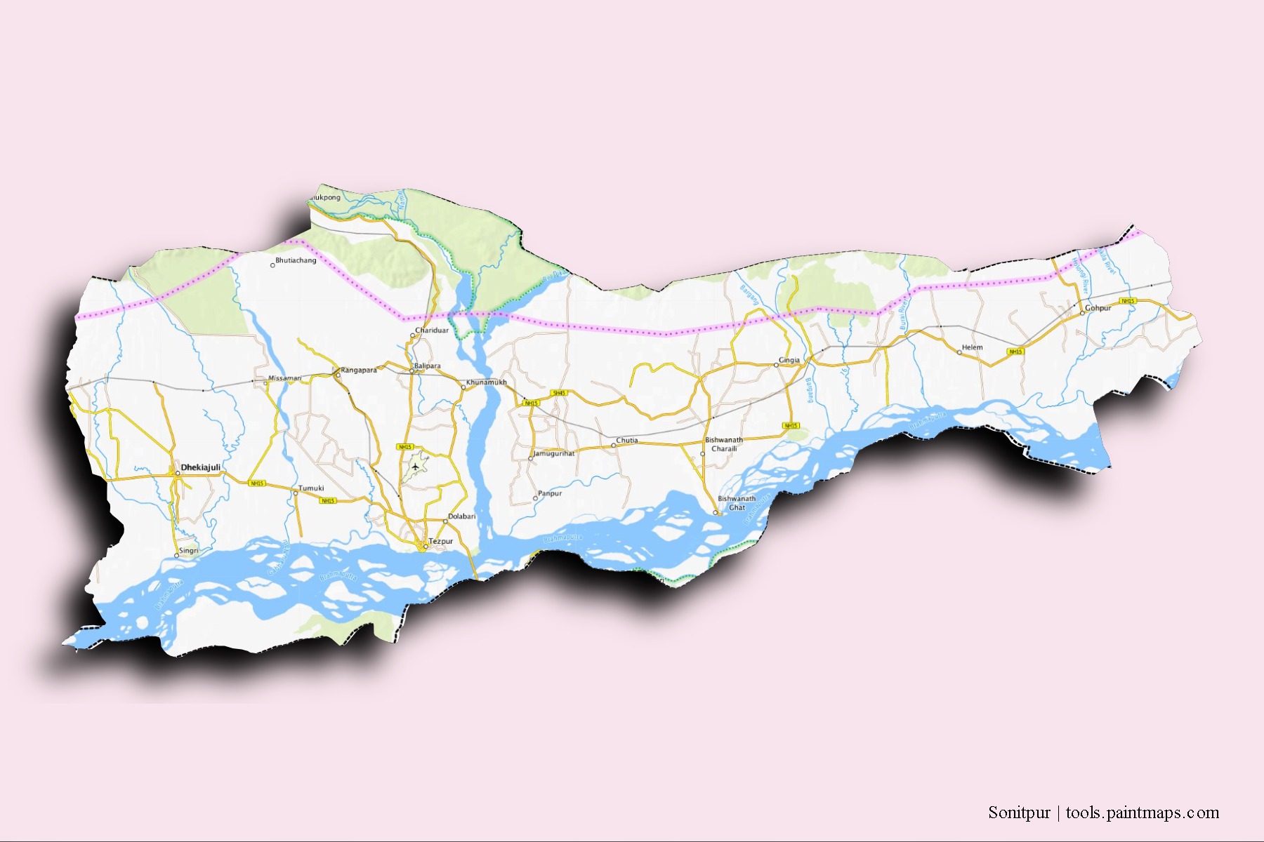 Mapa de barrios y pueblos de Sonitpur con efecto de sombra 3D