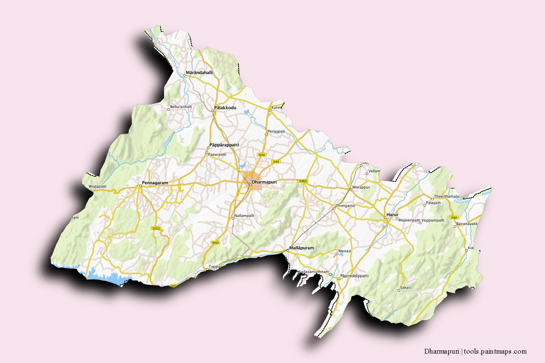 Mapa de barrios y pueblos de Dharmapuri con efecto de sombra 3D