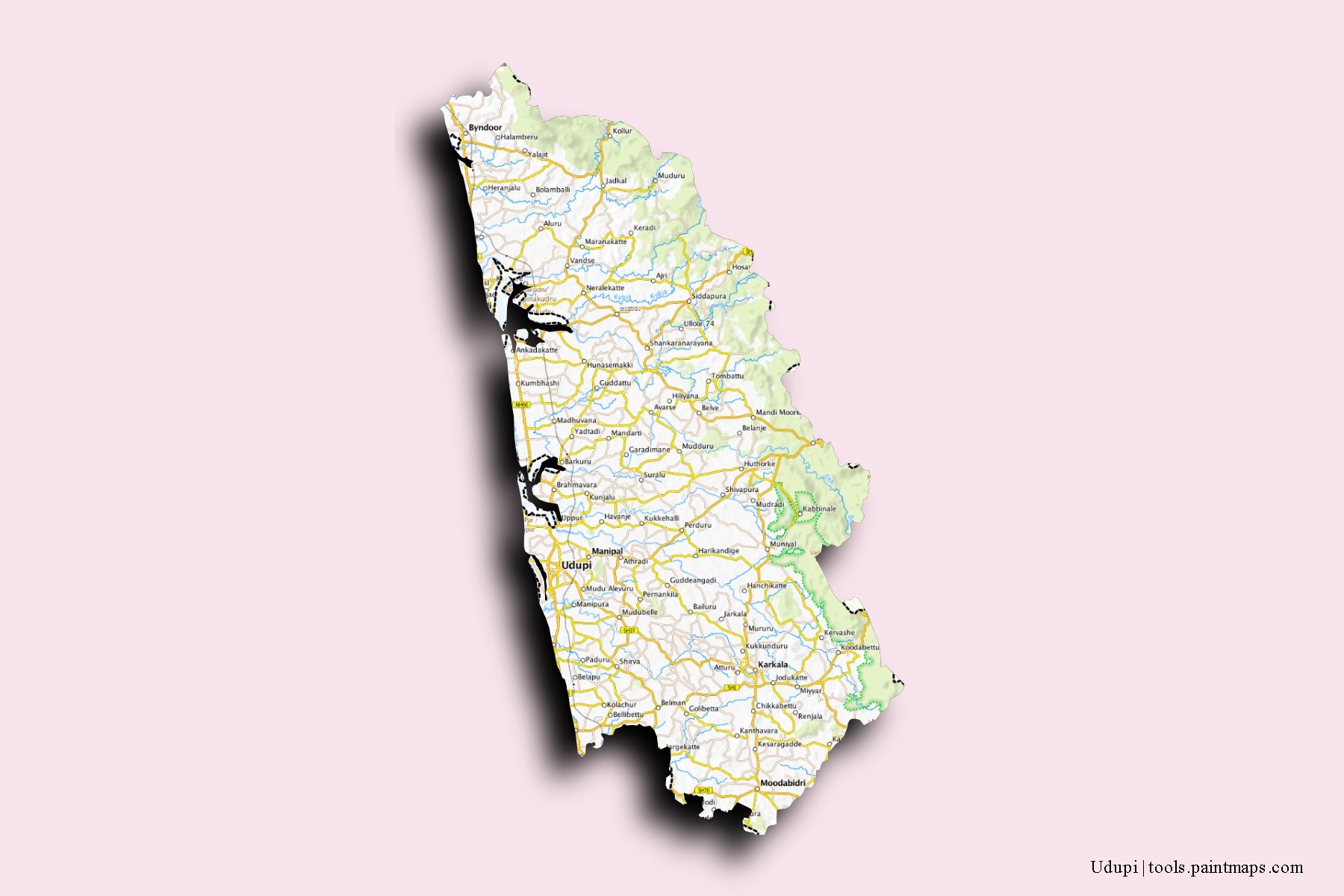 Mapa de barrios y pueblos de Udupi con efecto de sombra 3D