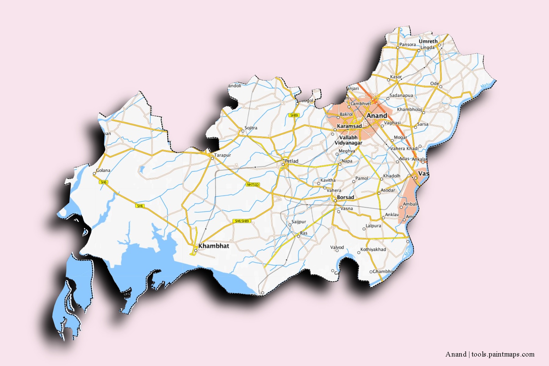 Anand neighborhoods and villages map with 3D shadow effect