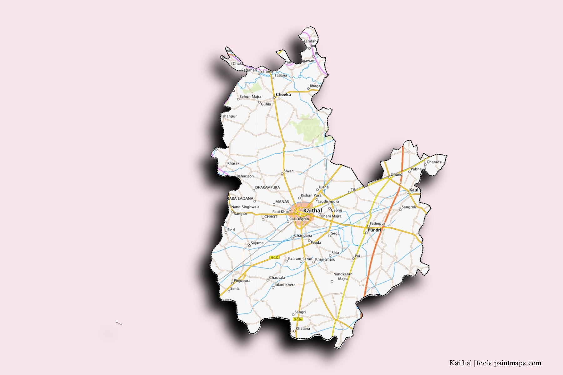 Kaithal neighborhoods and villages map with 3D shadow effect