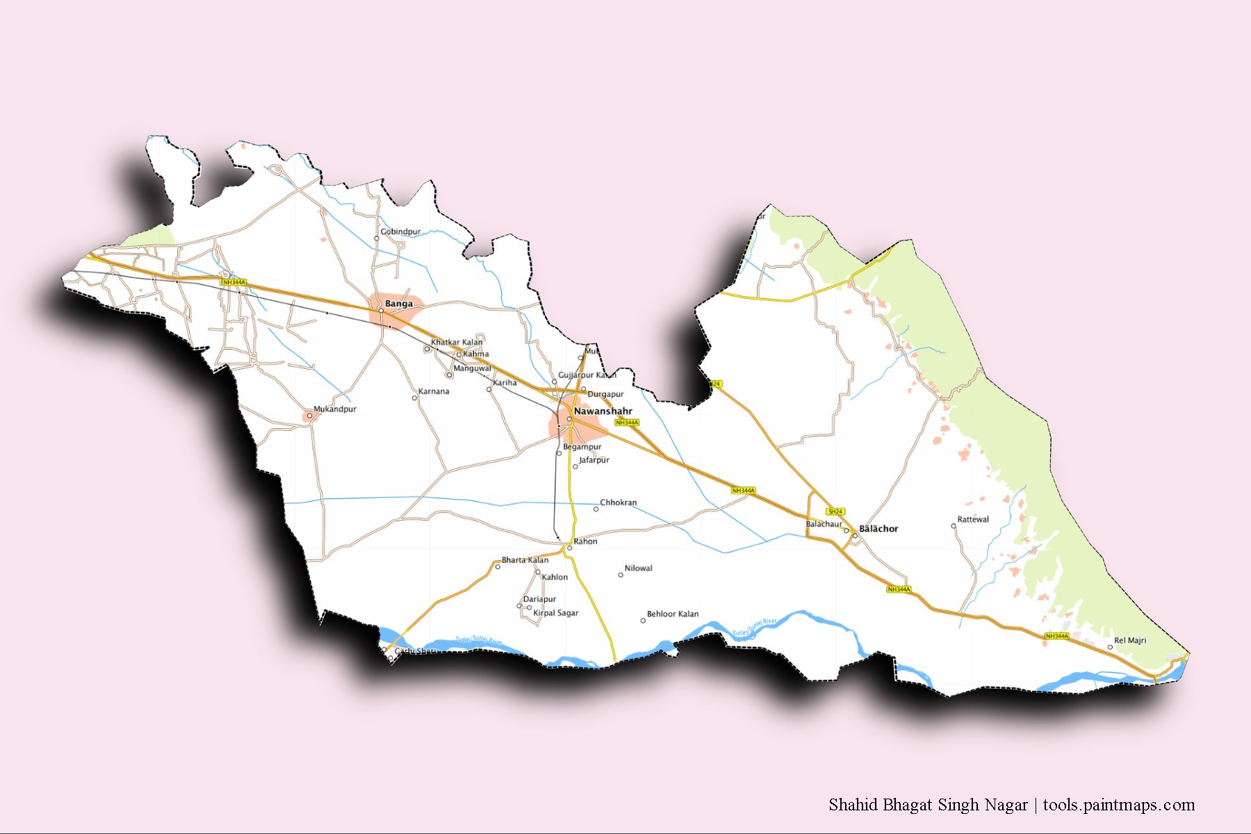 Nawan Shehar neighborhoods and villages map with 3D shadow effect