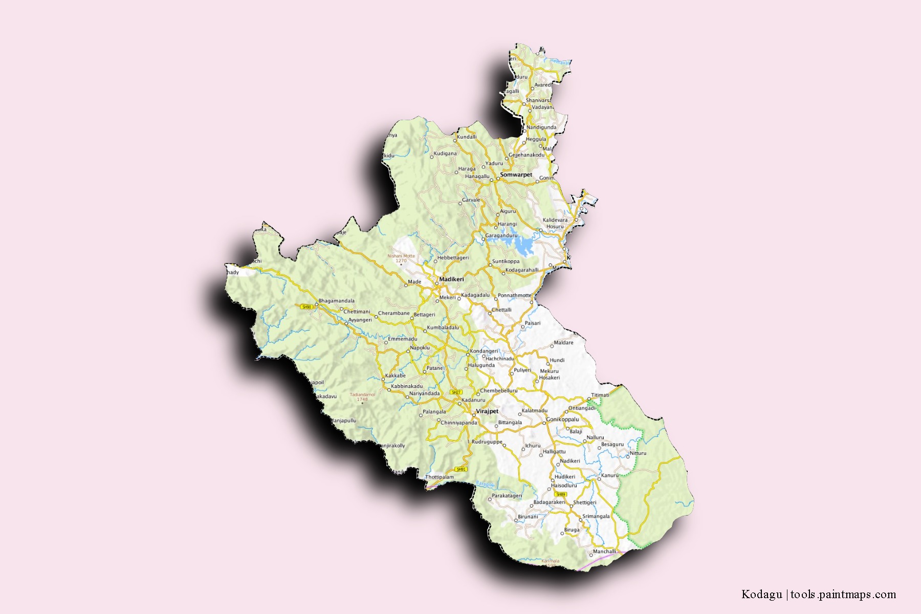 Kodagu neighborhoods and villages map with 3D shadow effect