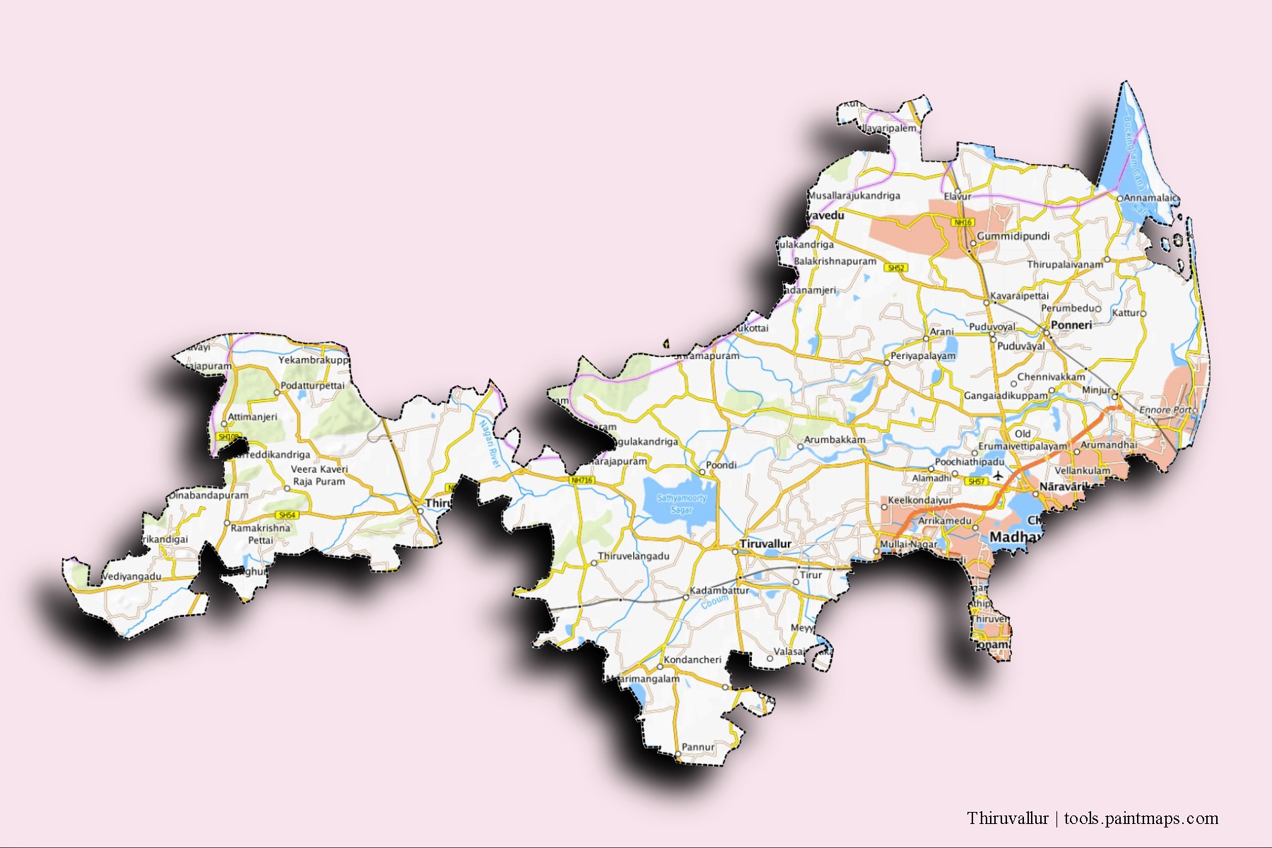 Thiruvallur neighborhoods and villages map with 3D shadow effect