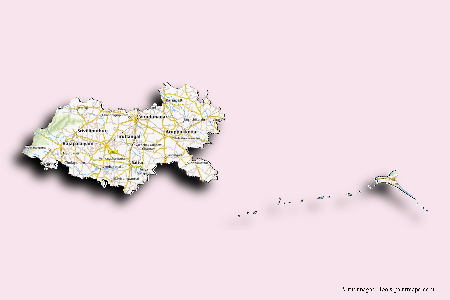 Virudhunagar neighborhoods and villages map with 3D shadow effect