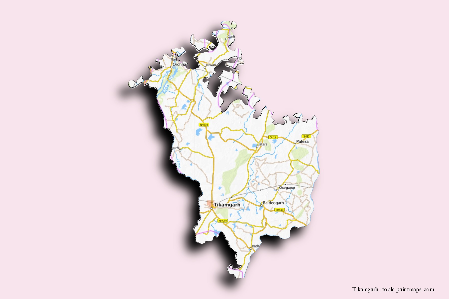 Mapa de barrios y pueblos de Tikamgarh con efecto de sombra 3D