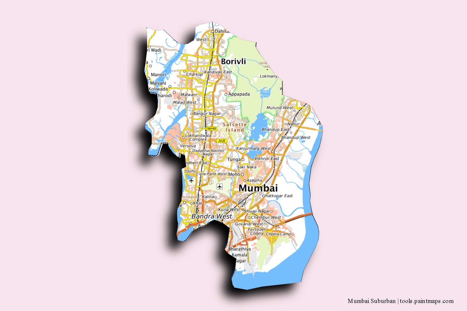 Mapa de barrios y pueblos de Mumbai Suburban con efecto de sombra 3D