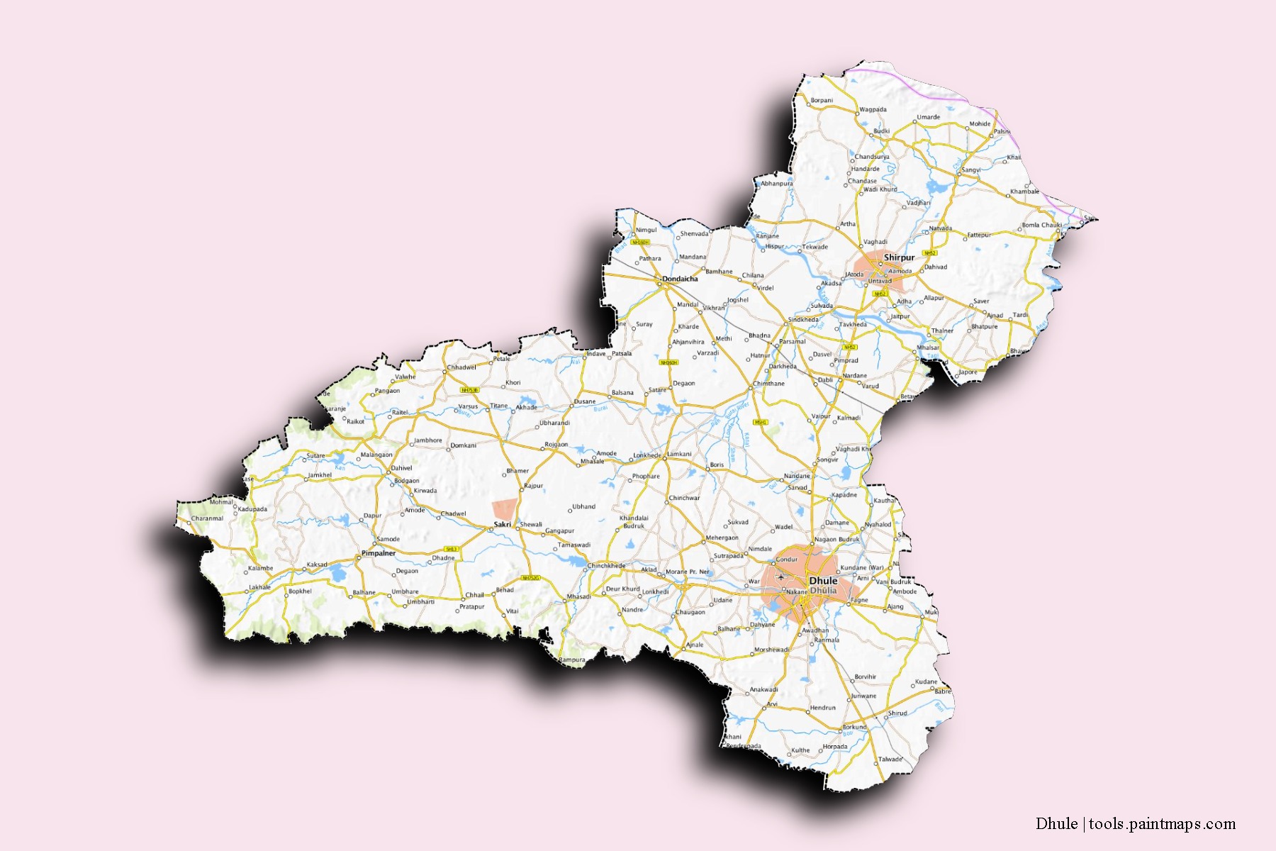 Mapa de barrios y pueblos de Dhule con efecto de sombra 3D