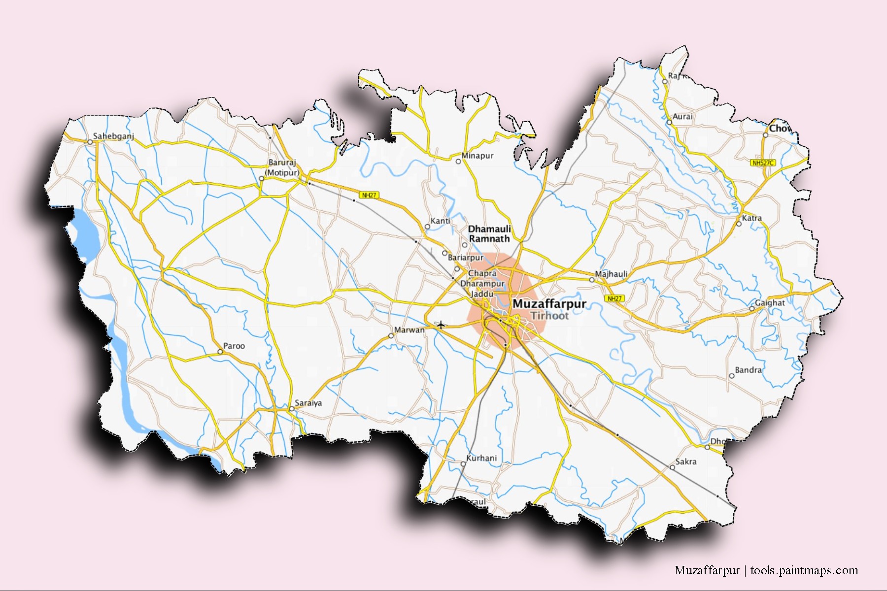 3D gölge efektli Muzaffarpur mahalleleri ve köyleri haritası
