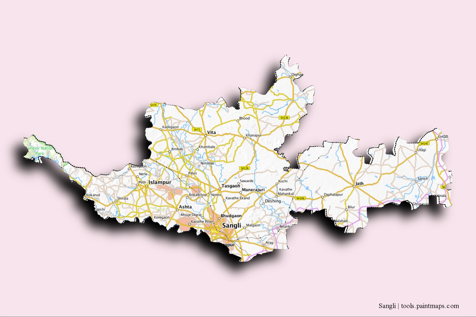 Sangli neighborhoods and villages map with 3D shadow effect