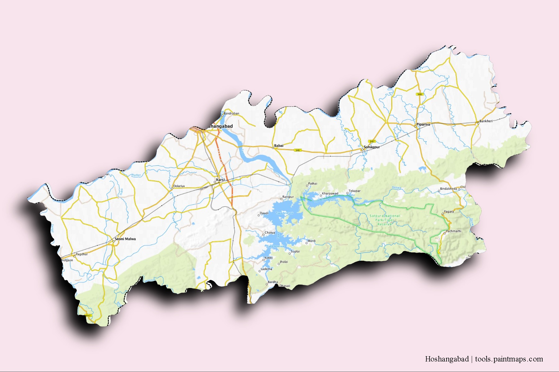 3D gölge efektli Hoshangabad mahalleleri ve köyleri haritası