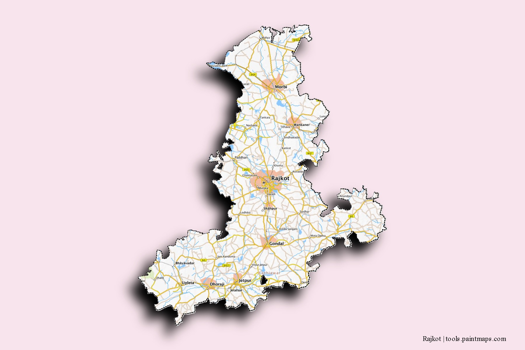 Mapa de barrios y pueblos de Rajkot con efecto de sombra 3D