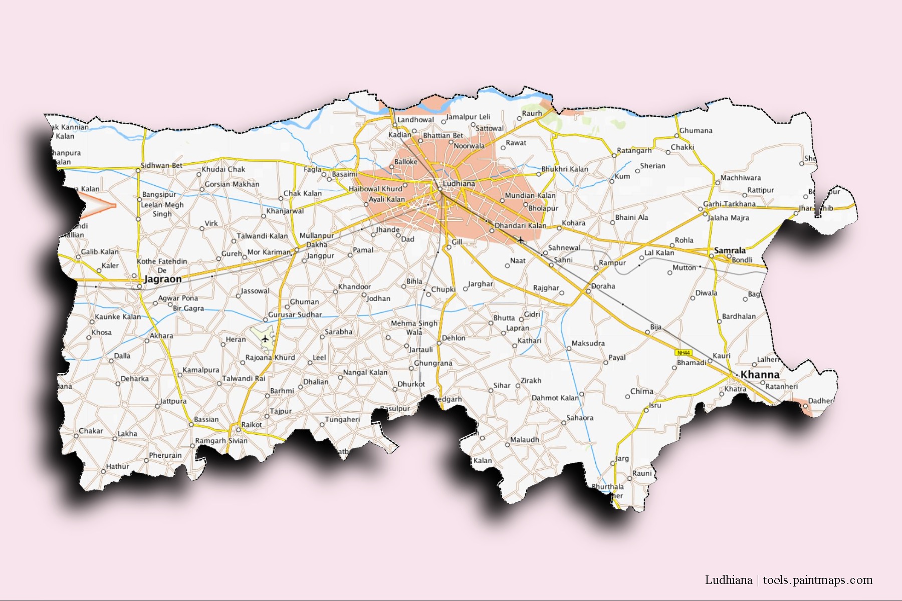 Ludhiana neighborhoods and villages map with 3D shadow effect