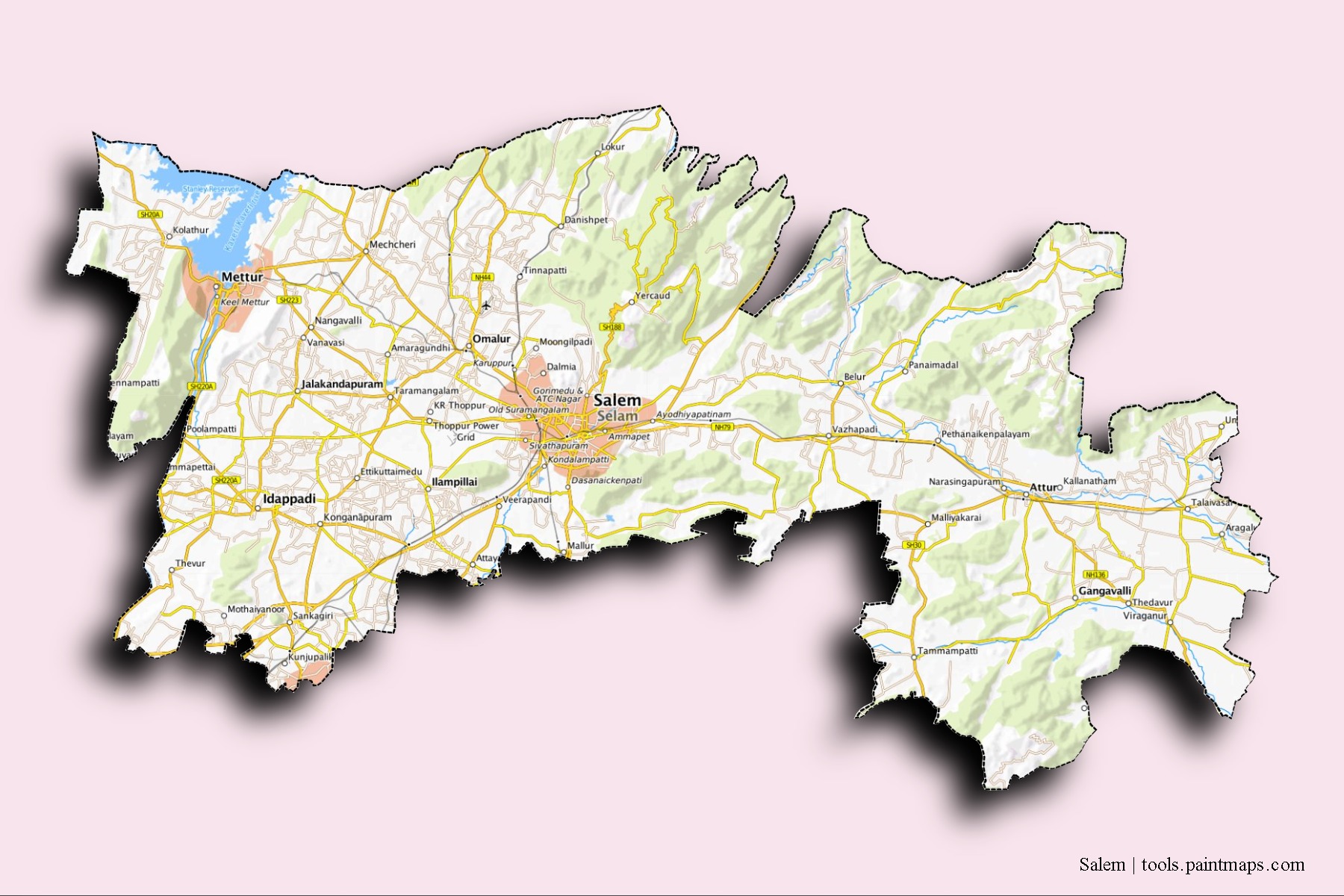 Salem neighborhoods and villages map with 3D shadow effect