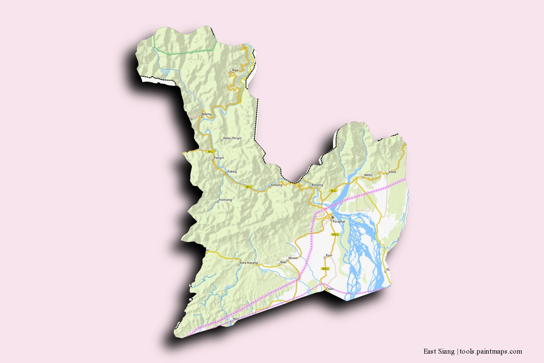 3D gölge efektli East Siang mahalleleri ve köyleri haritası