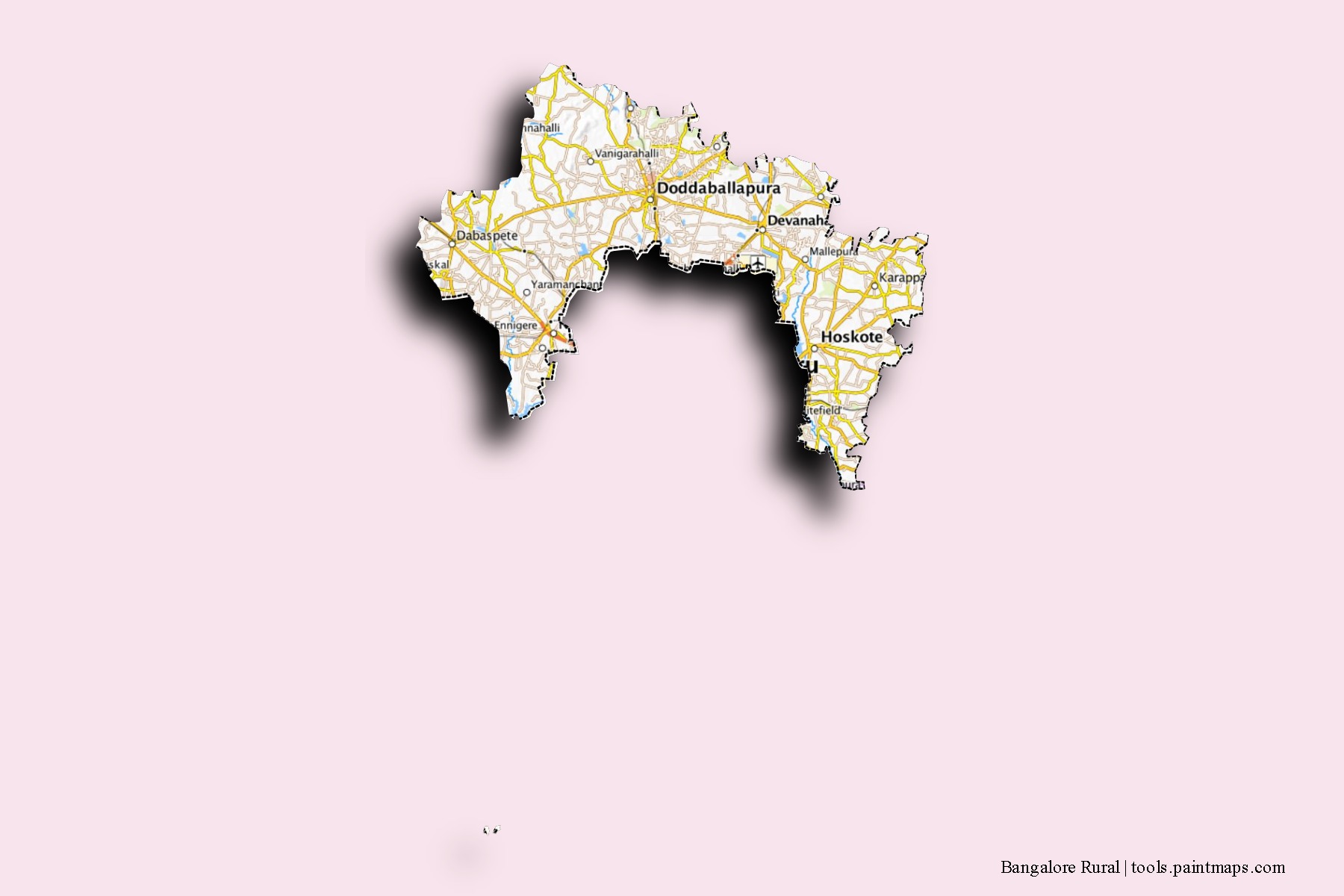 Bangalore Rural neighborhoods and villages map with 3D shadow effect