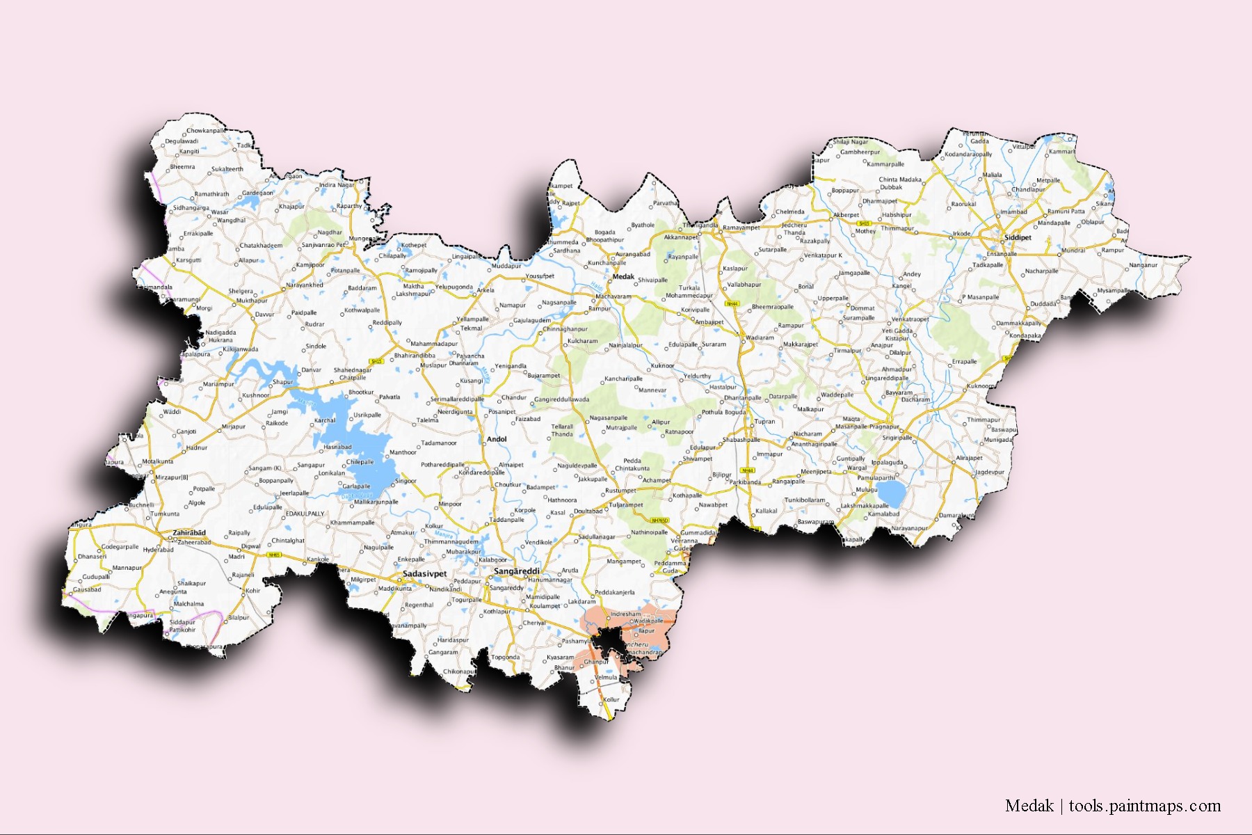 Medak neighborhoods and villages map with 3D shadow effect