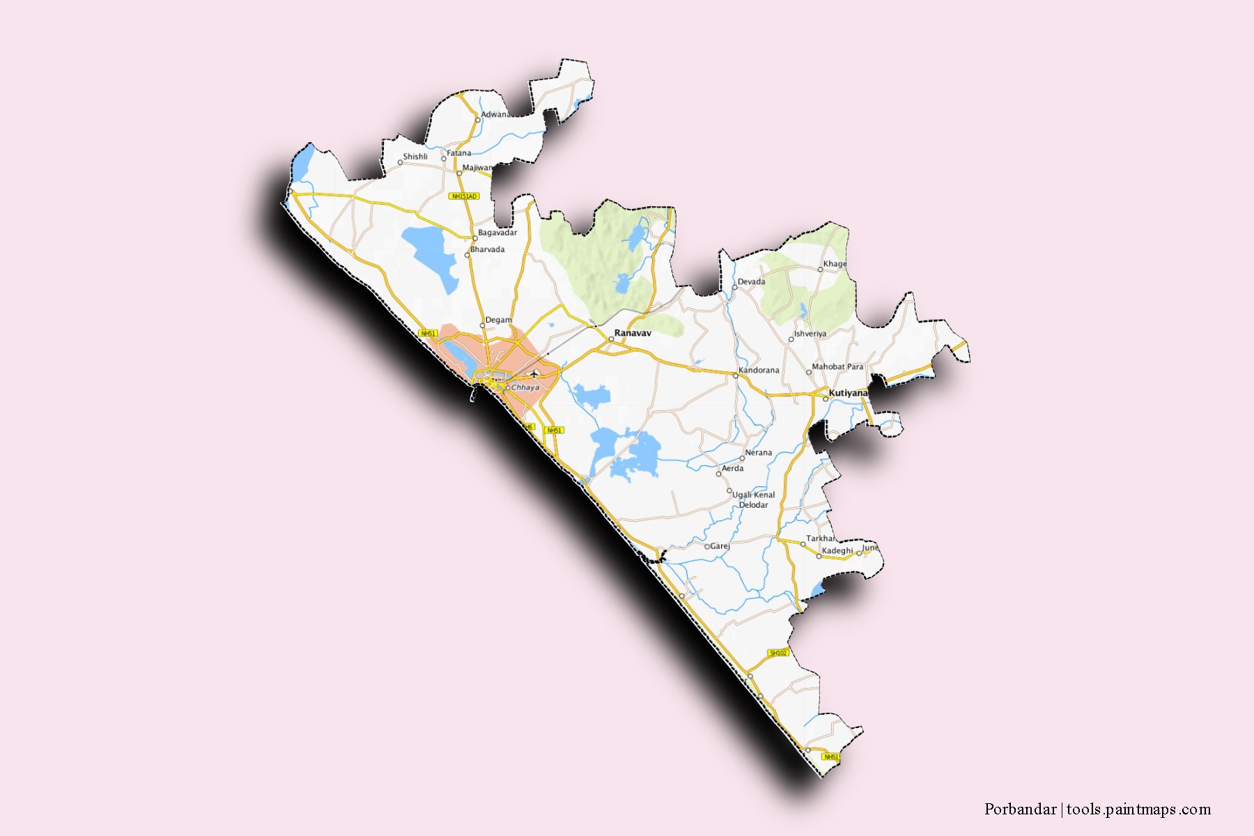 Porbandar neighborhoods and villages map with 3D shadow effect