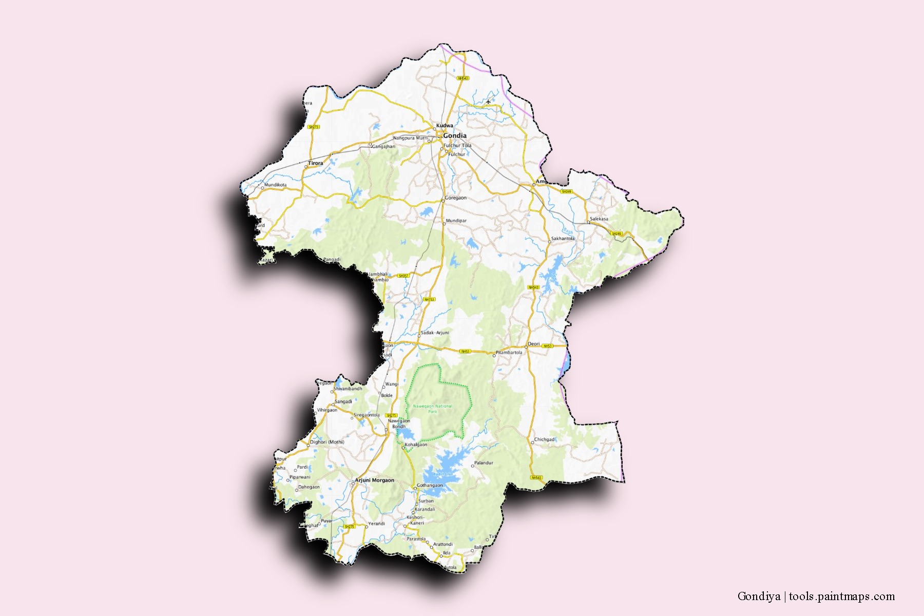 Mapa de barrios y pueblos de Gondiya con efecto de sombra 3D