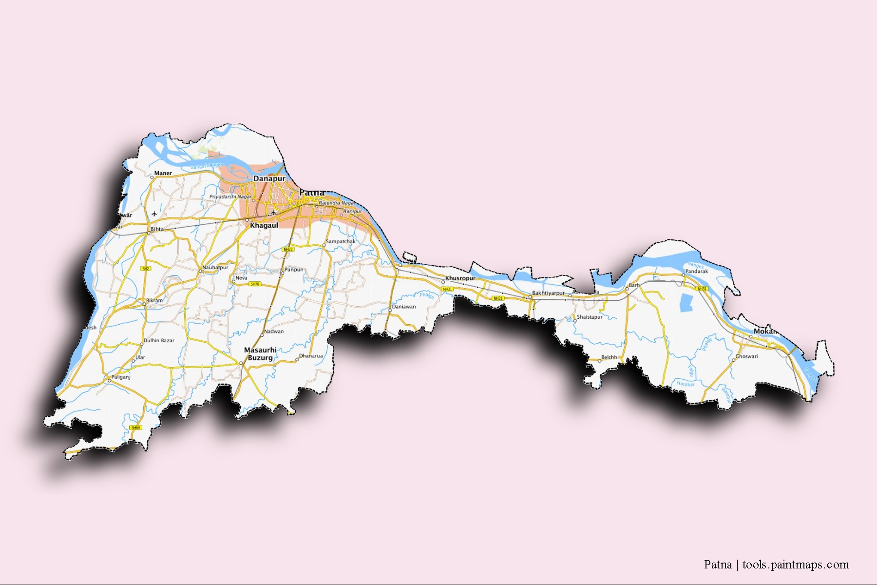 Mapa de barrios y pueblos de Patna con efecto de sombra 3D