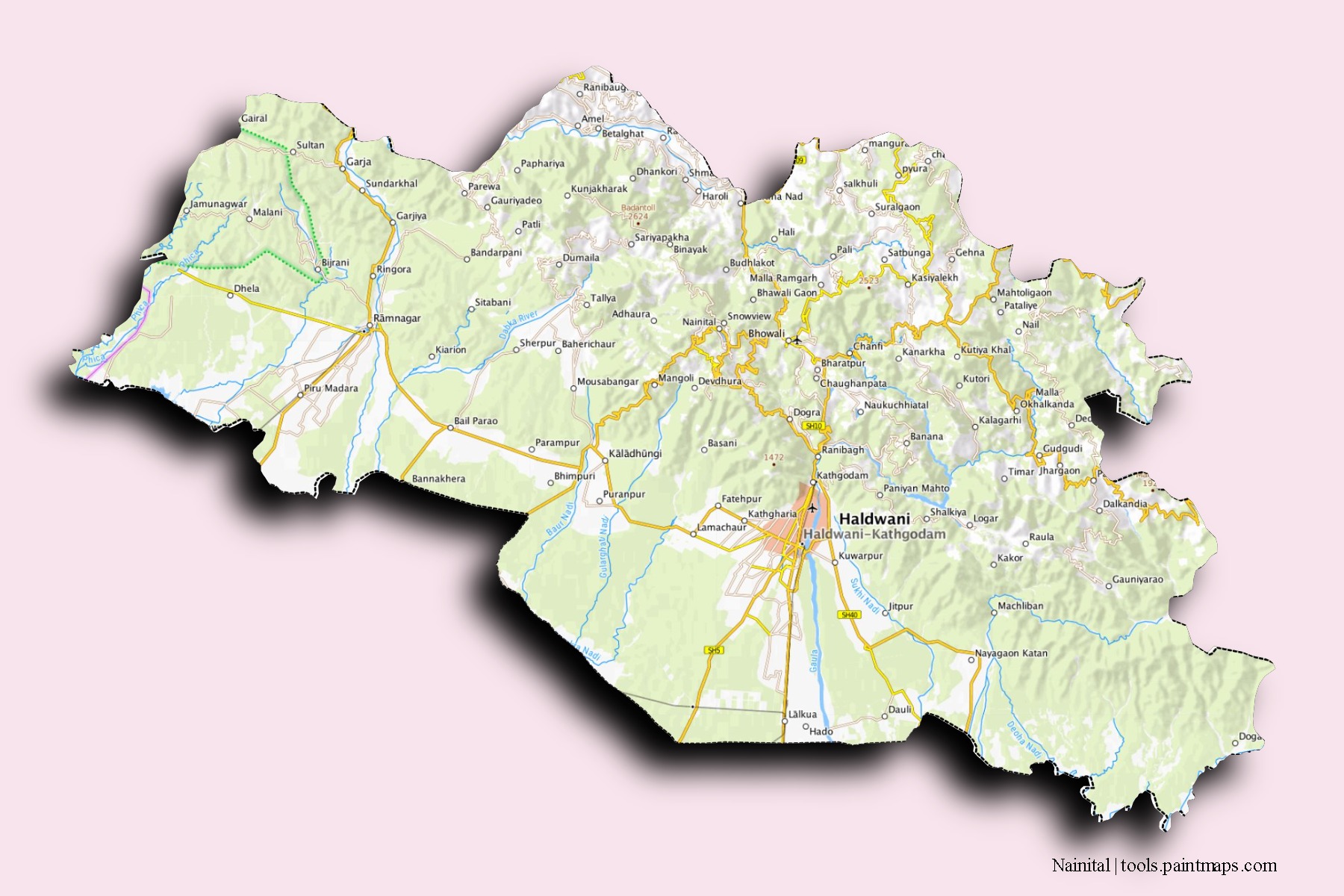 3D gölge efektli Nainital mahalleleri ve köyleri haritası