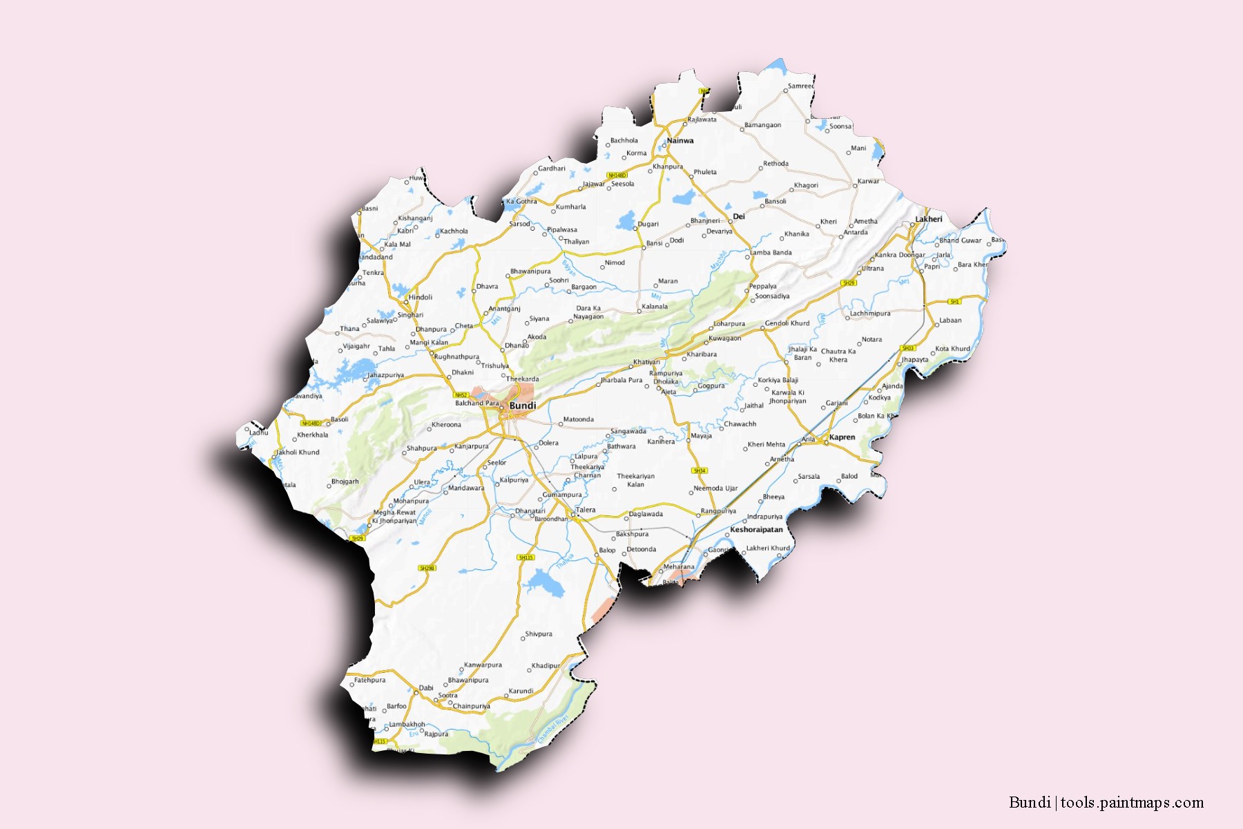 Mapa de barrios y pueblos de Bundi con efecto de sombra 3D