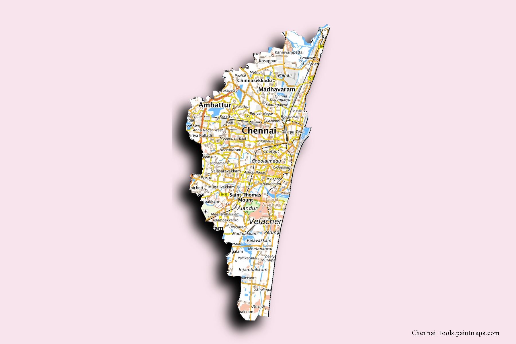 Chennai neighborhoods and villages map with 3D shadow effect