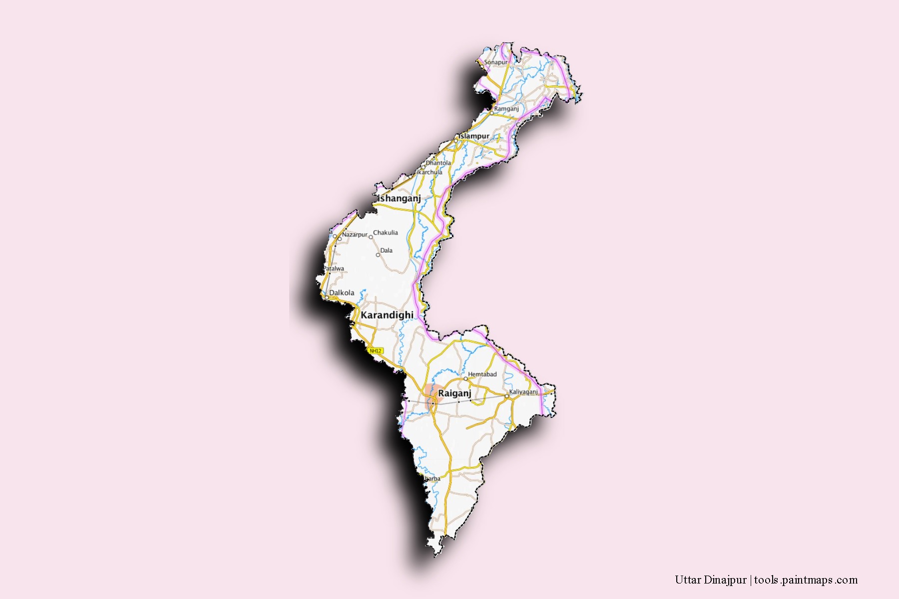 Mapa de barrios y pueblos de Uttar Dinajpur con efecto de sombra 3D