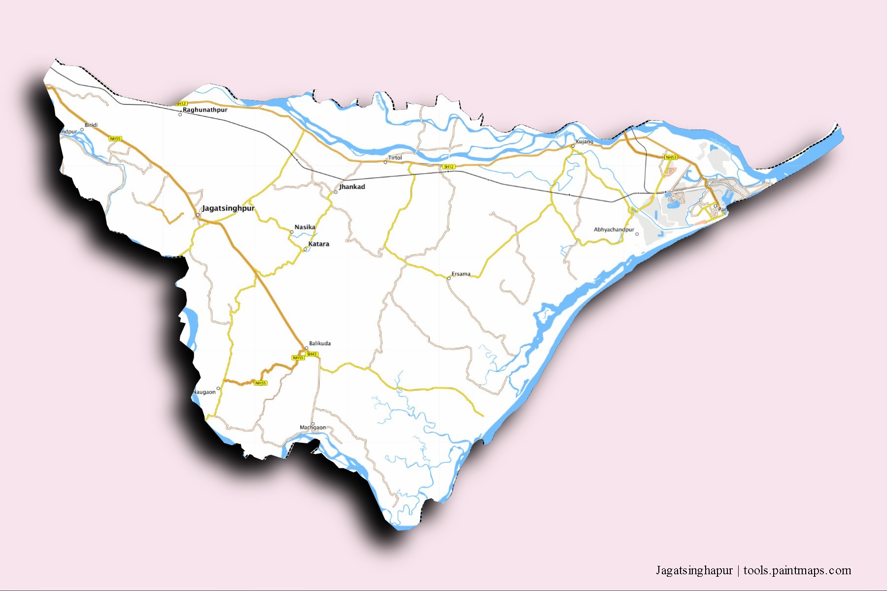 Mapa de barrios y pueblos de Jagatsinghapur con efecto de sombra 3D