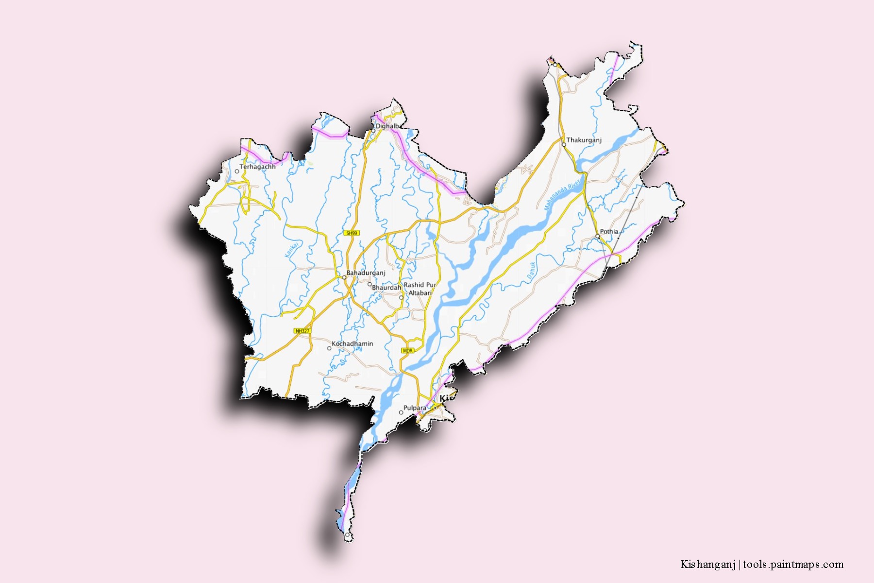 Kishanganj neighborhoods and villages map with 3D shadow effect