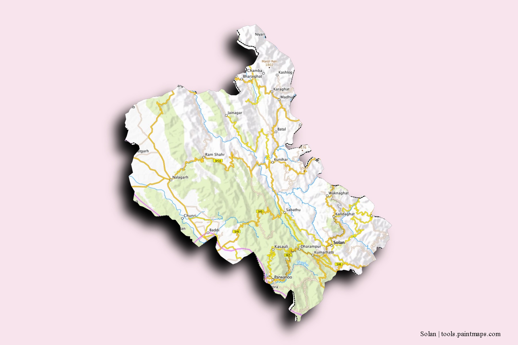 Solan neighborhoods and villages map with 3D shadow effect