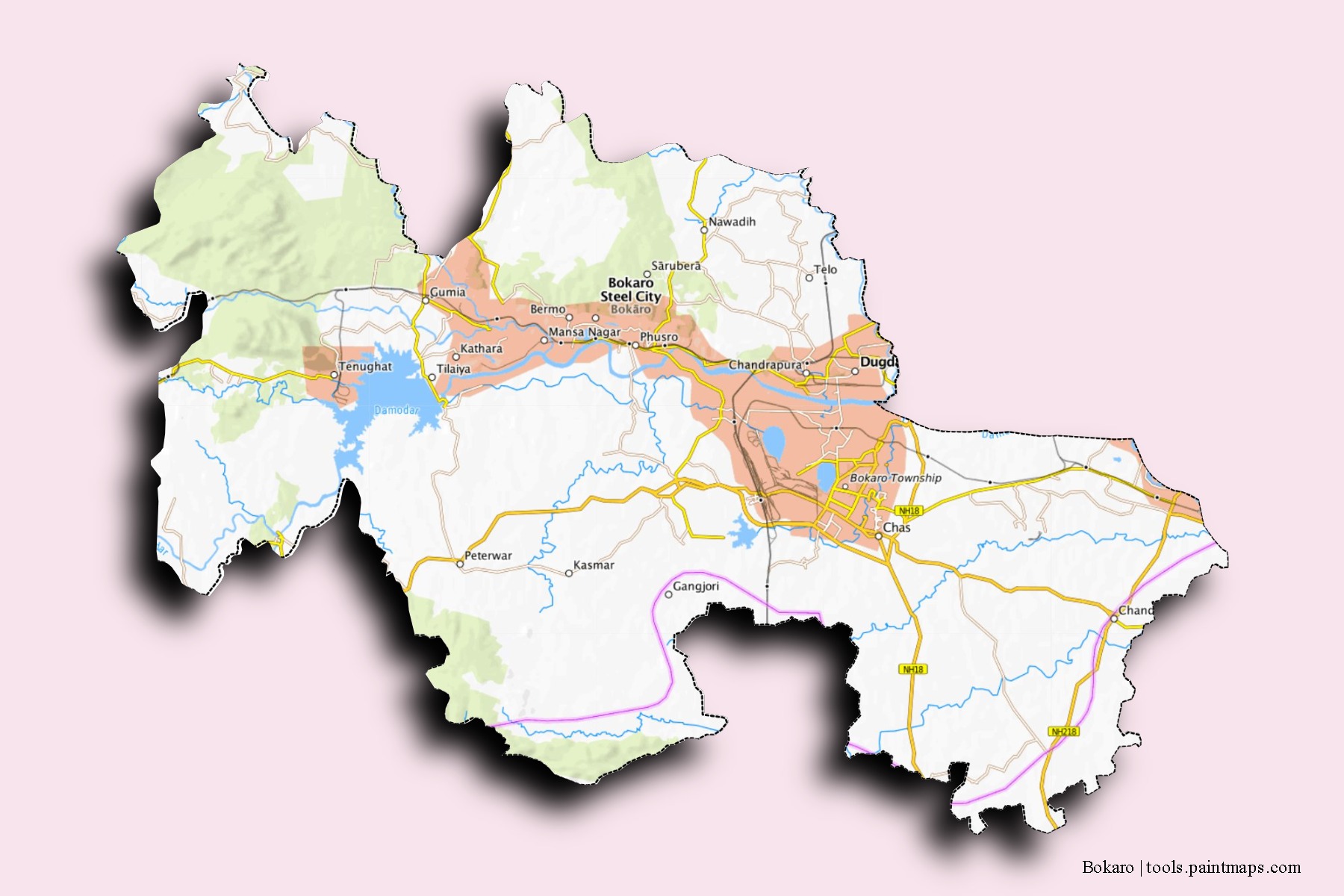 Mapa de barrios y pueblos de Bokaro con efecto de sombra 3D