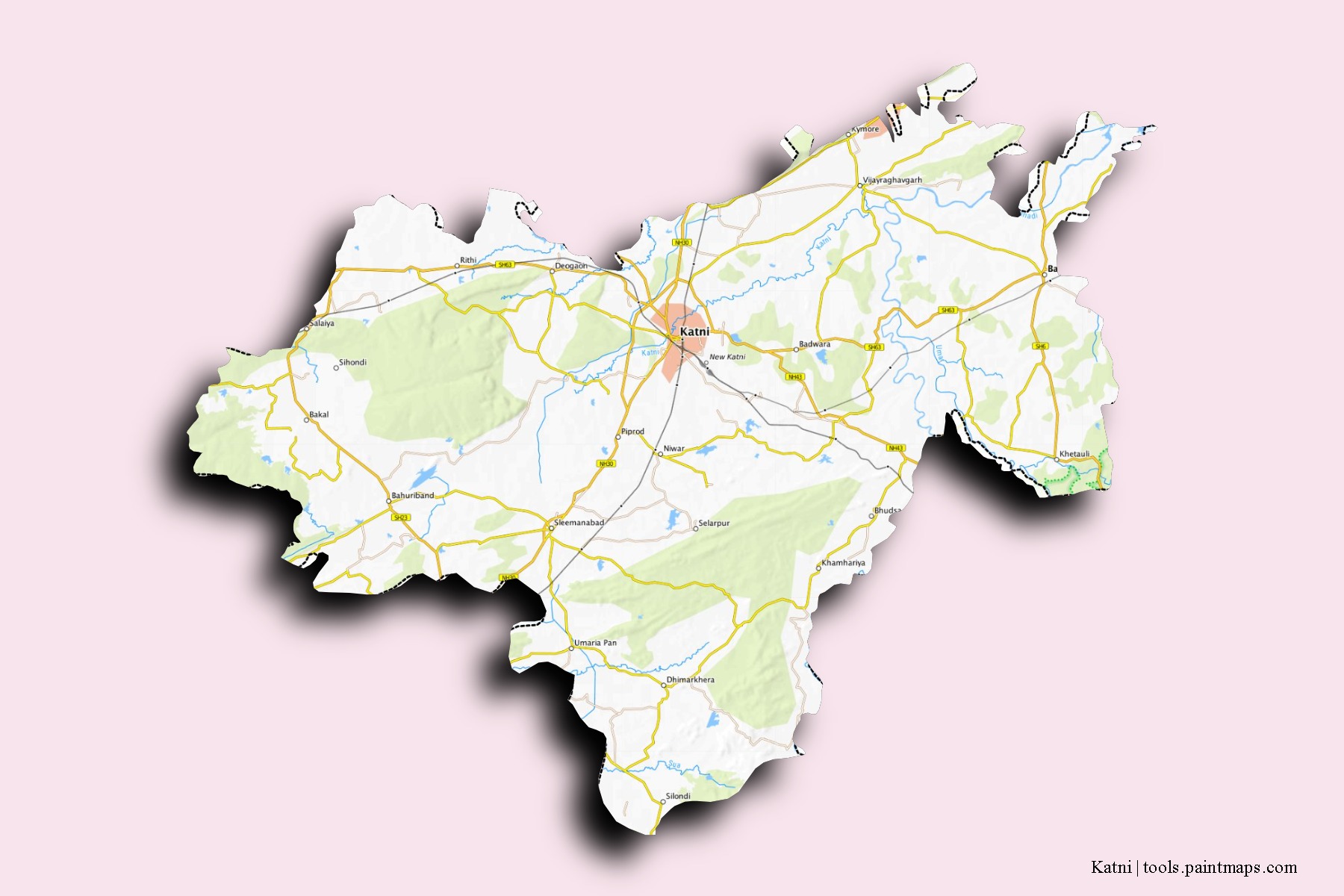 Mapa de barrios y pueblos de Katni con efecto de sombra 3D