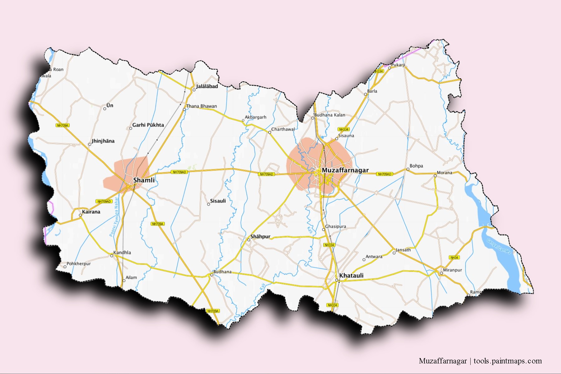 3D gölge efektli Muzaffarnagar mahalleleri ve köyleri haritası