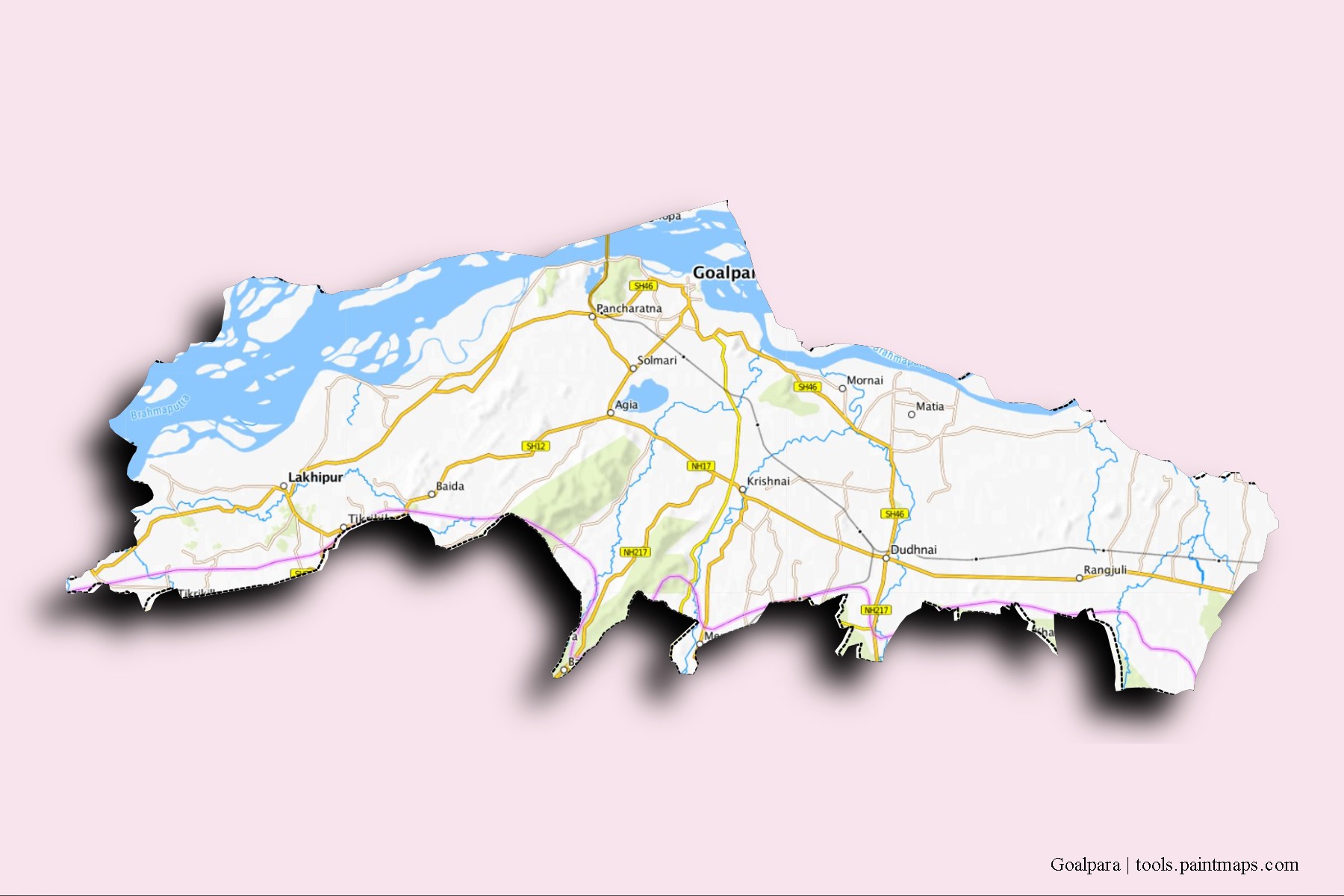 Mapa de barrios y pueblos de Goalpara con efecto de sombra 3D